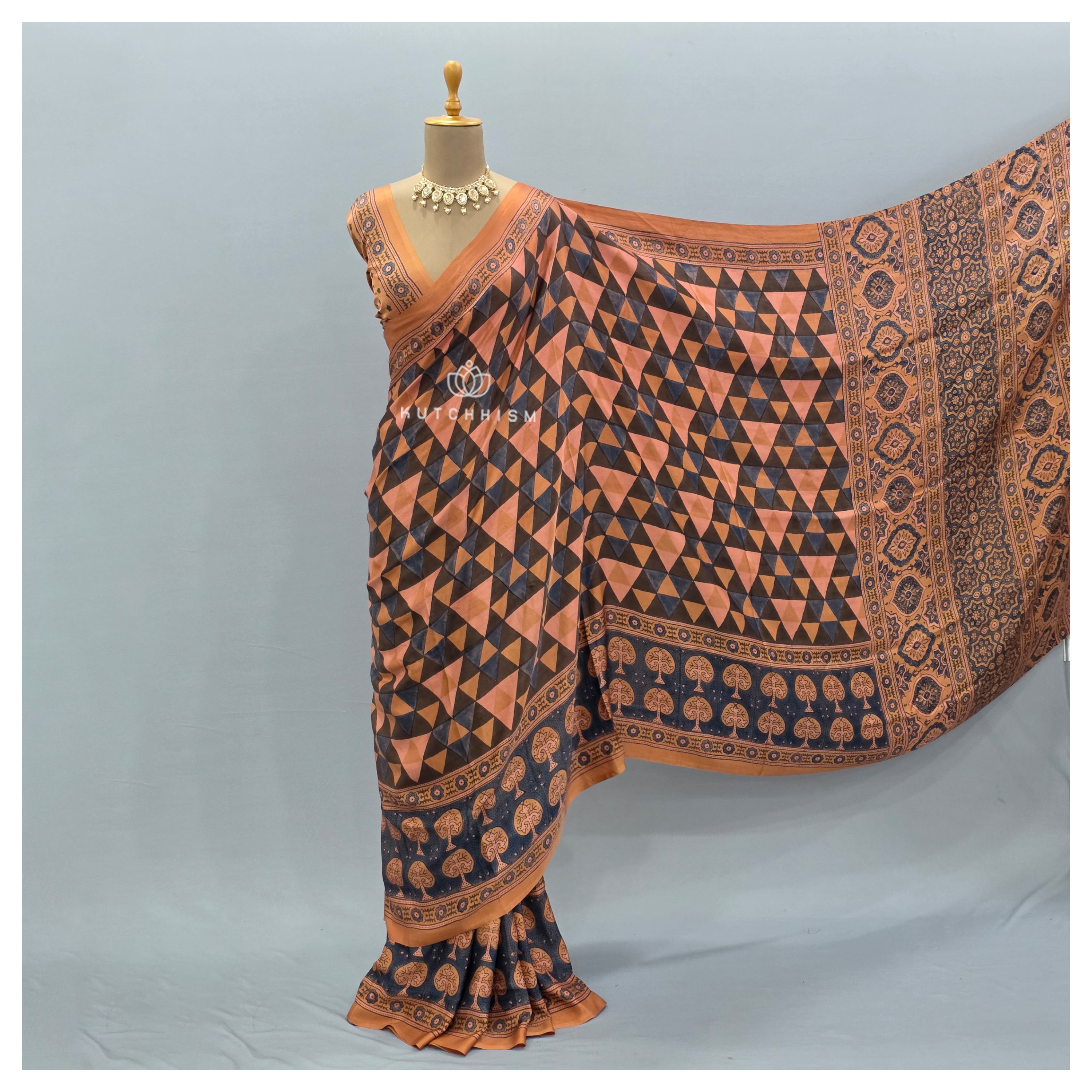 Peach Ajrakh saree