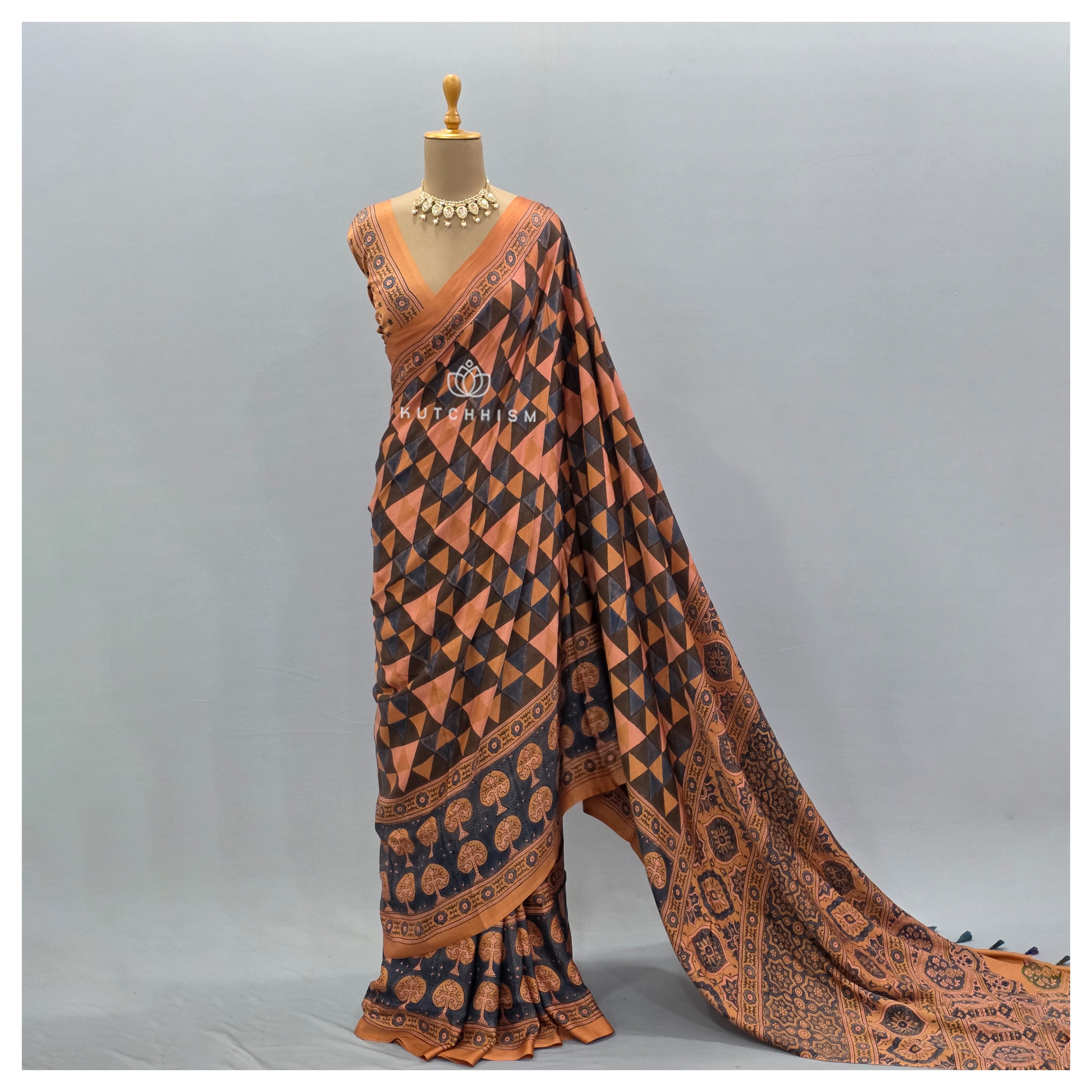 Peach Ajrakh saree