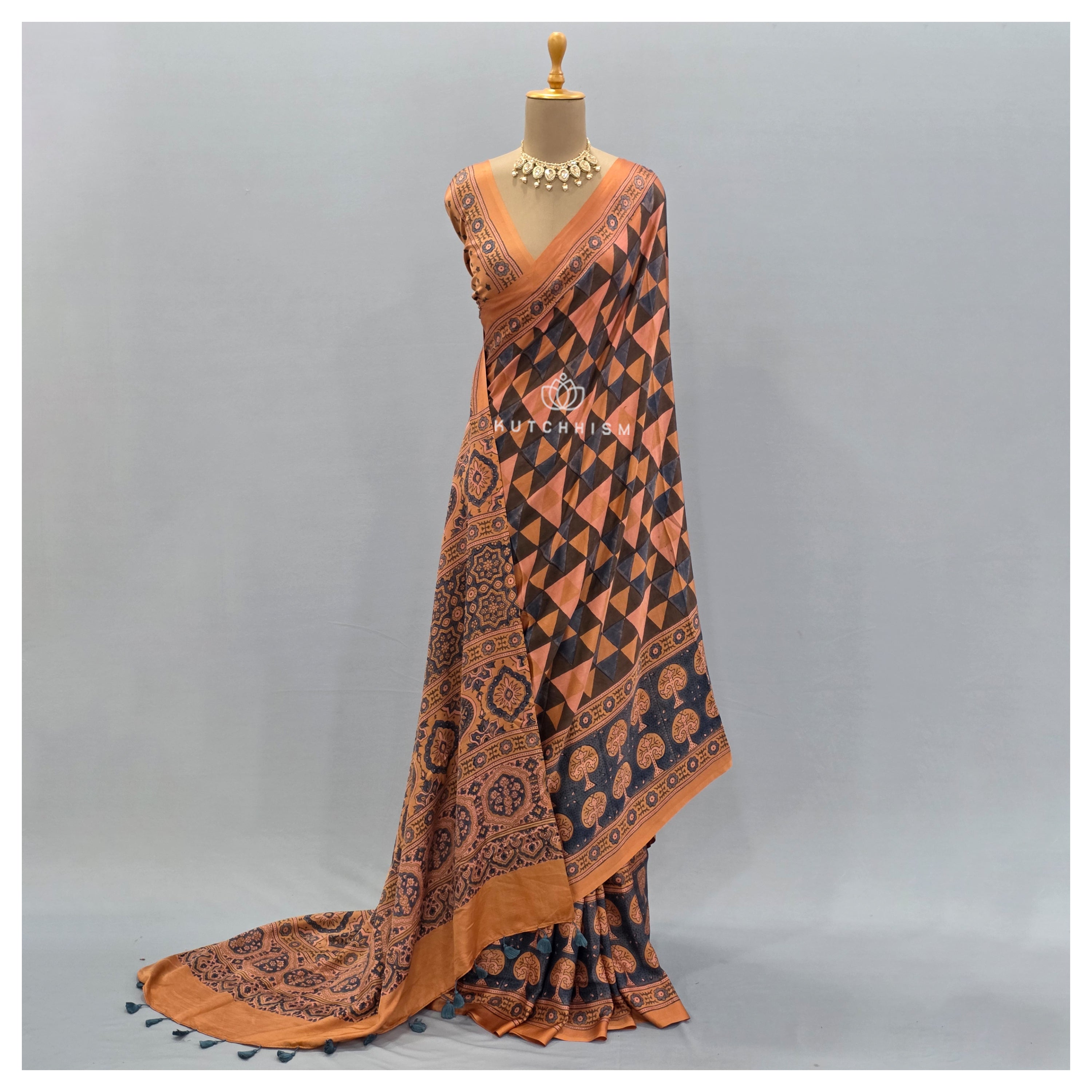 Peach Ajrakh saree