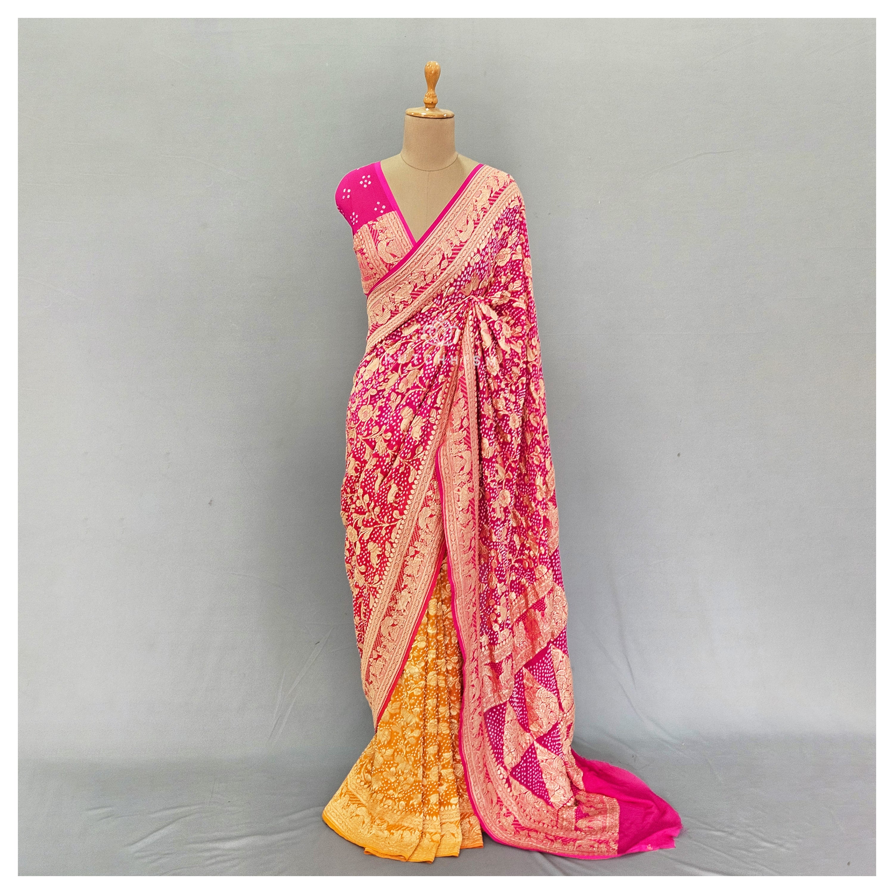 Yellow Pink bandhani saree