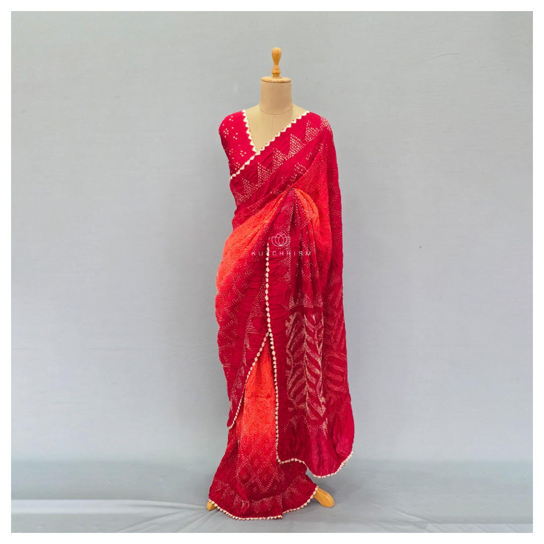 Red Orange Shaded Bandhani saree