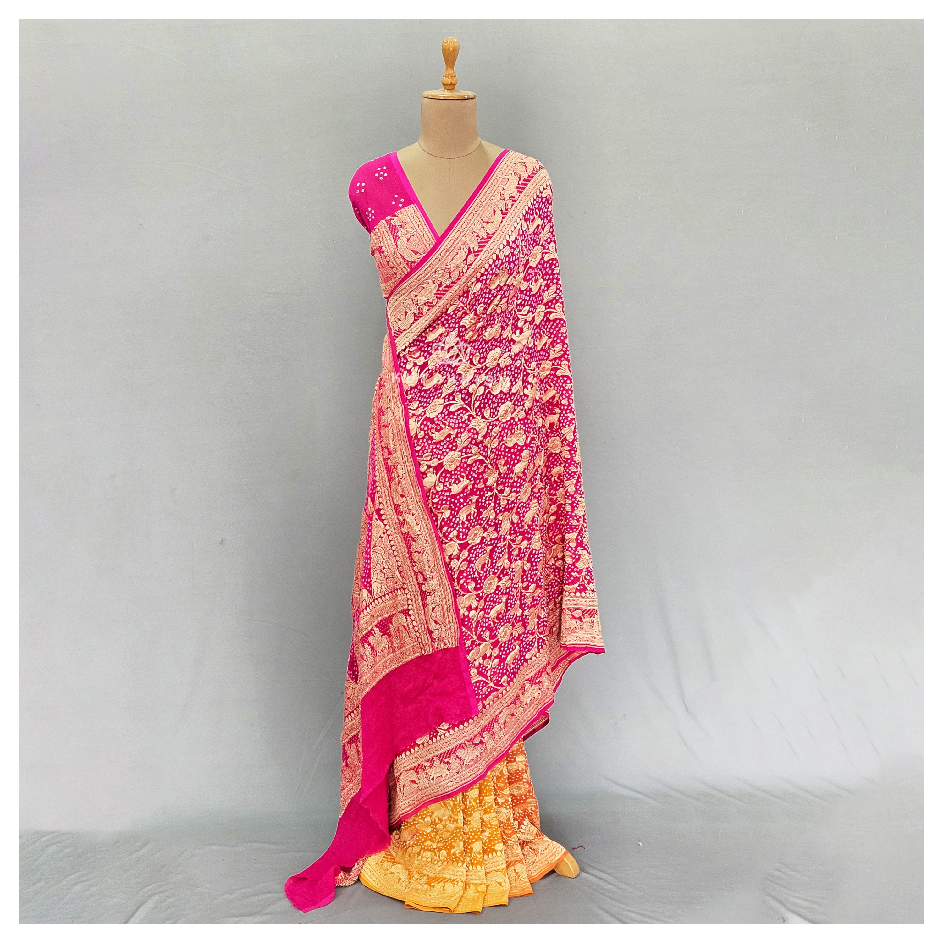 Yellow Pink bandhani saree