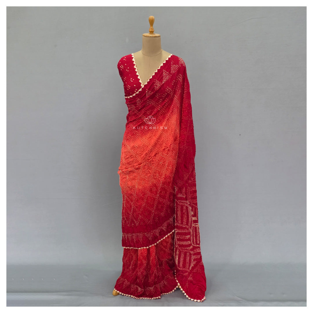 Red Orange Shaded Bandhani saree