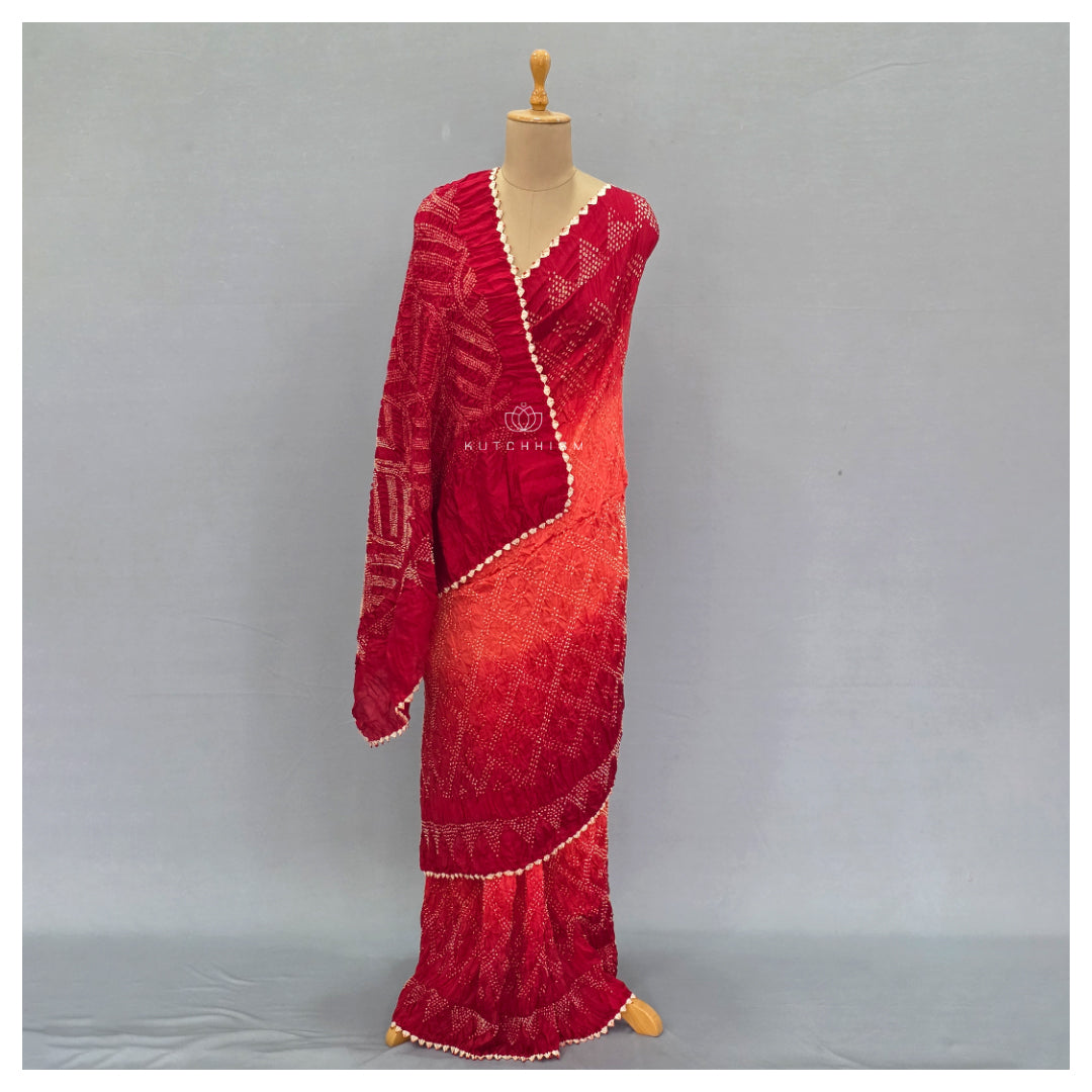Red Orange Shaded Bandhani saree