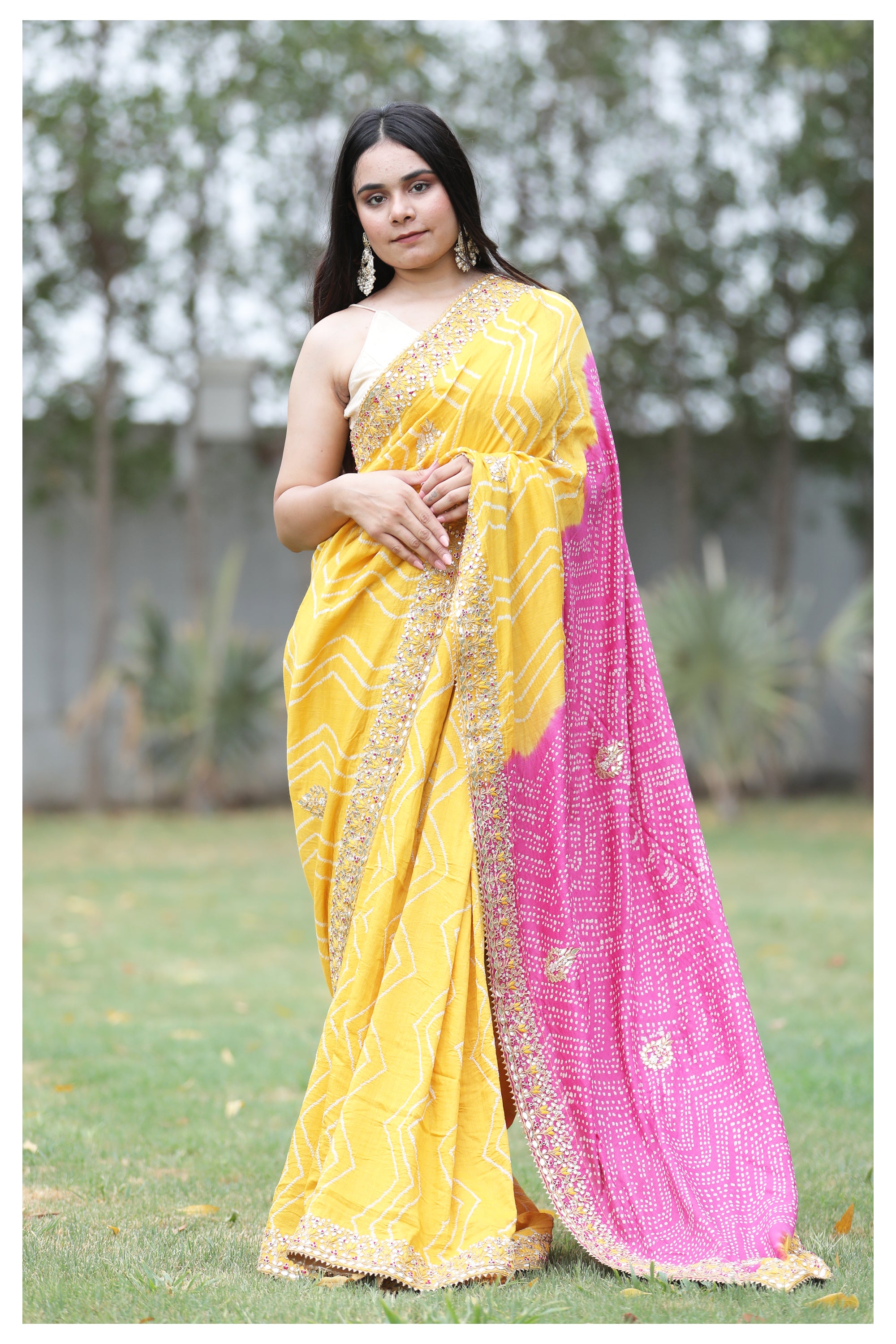 Yellow Pink Hand Embroidery saree