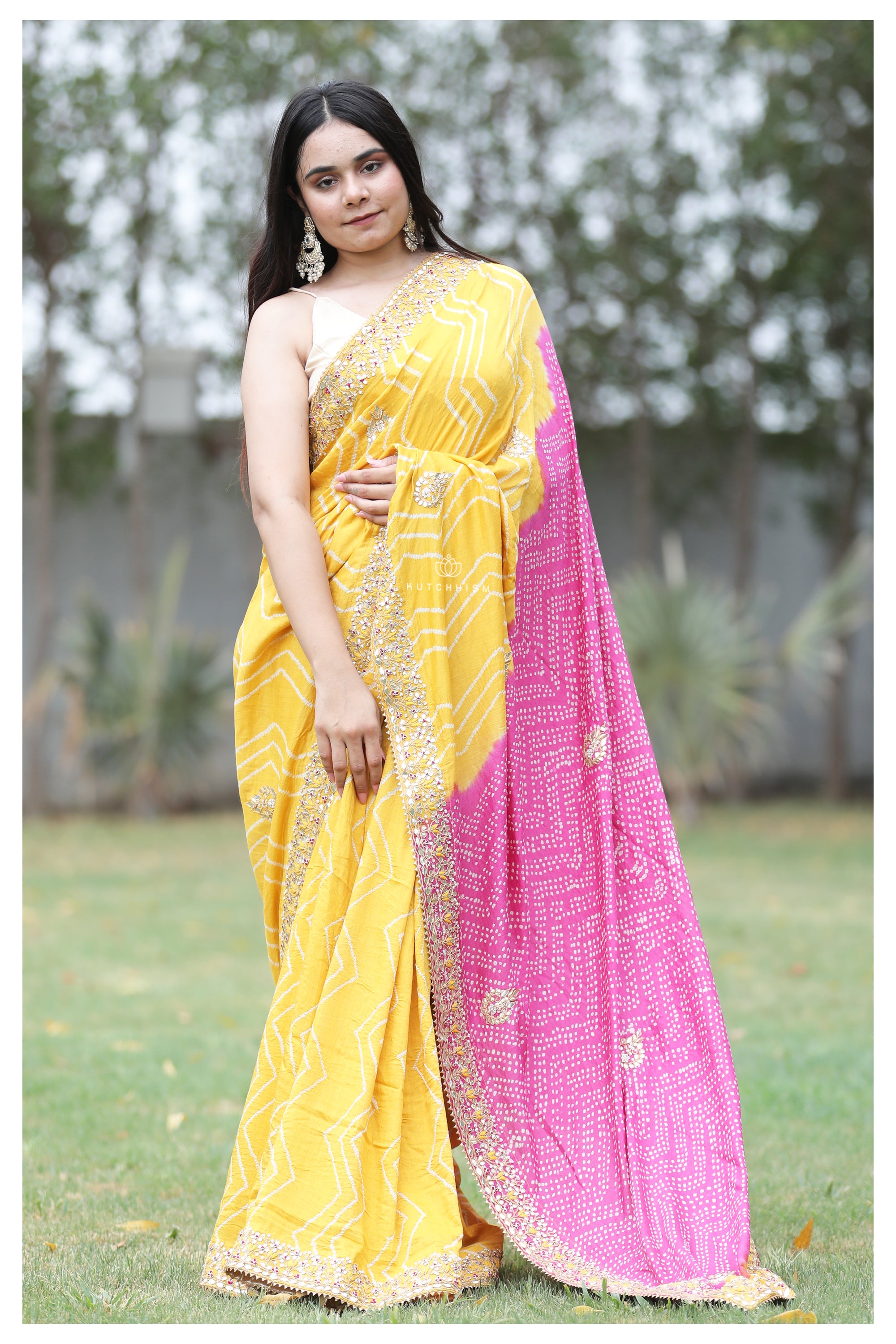 Yellow Pink Hand Embroidery saree