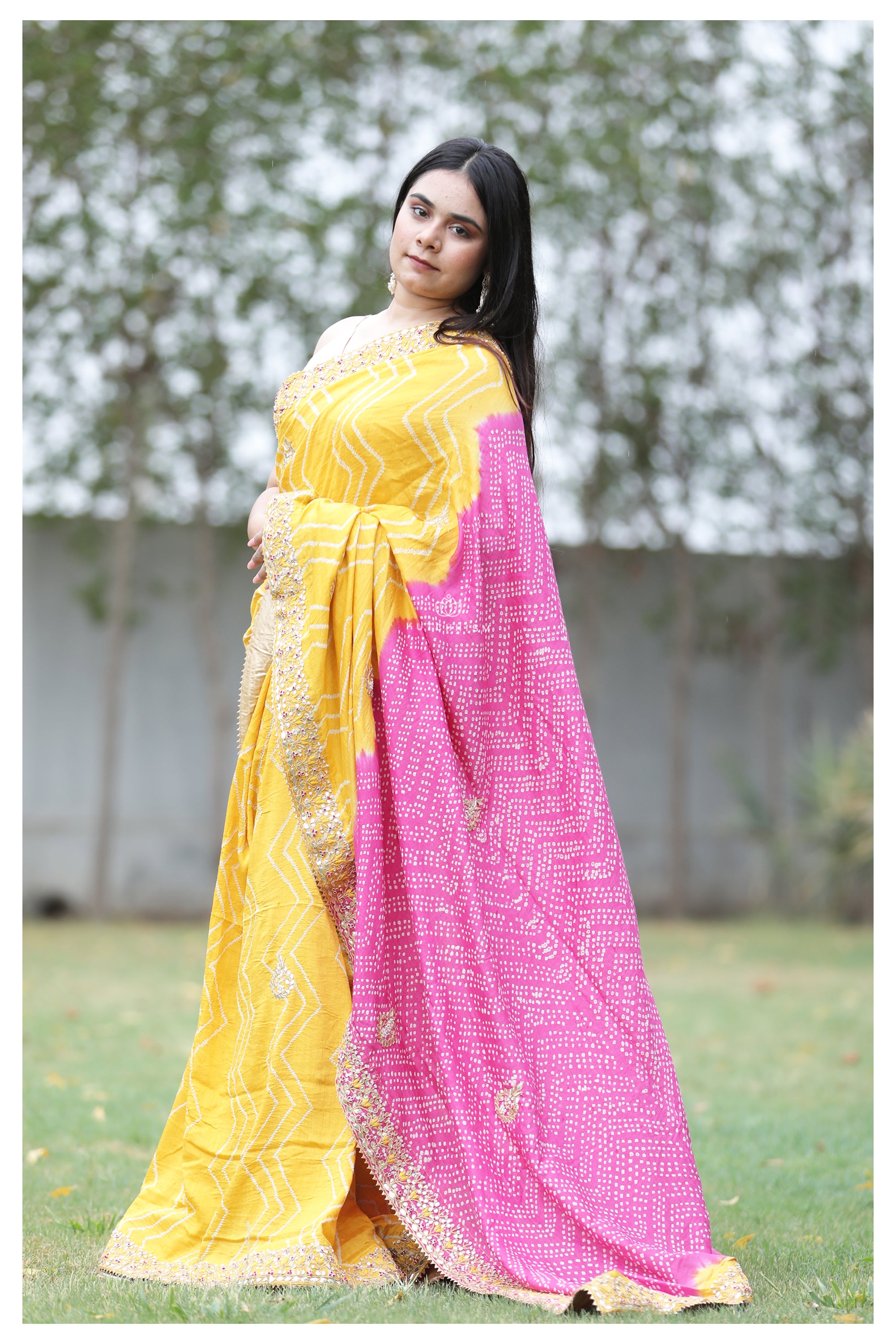 Yellow Pink Hand Embroidery saree