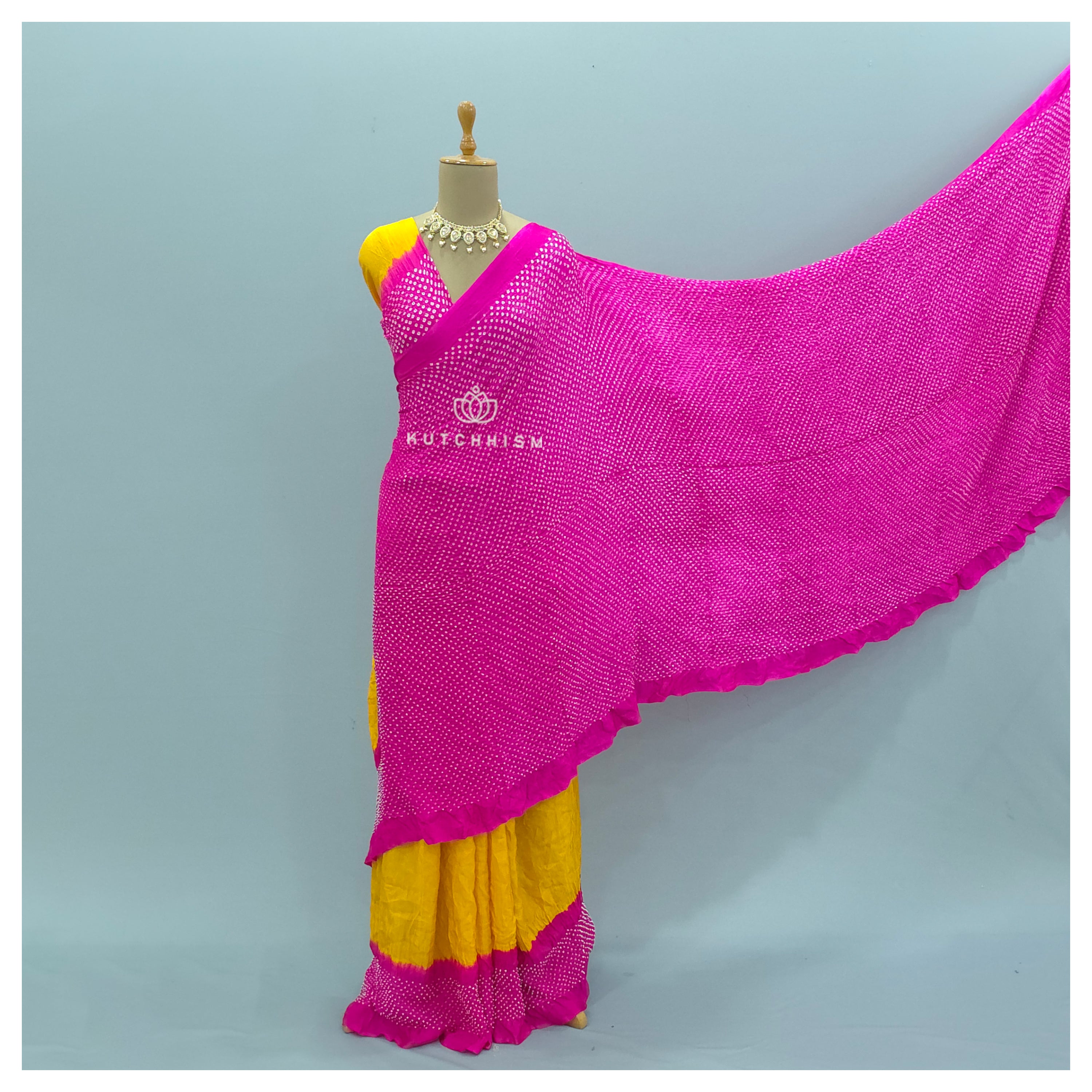 Pink n Yellow bandhani saree