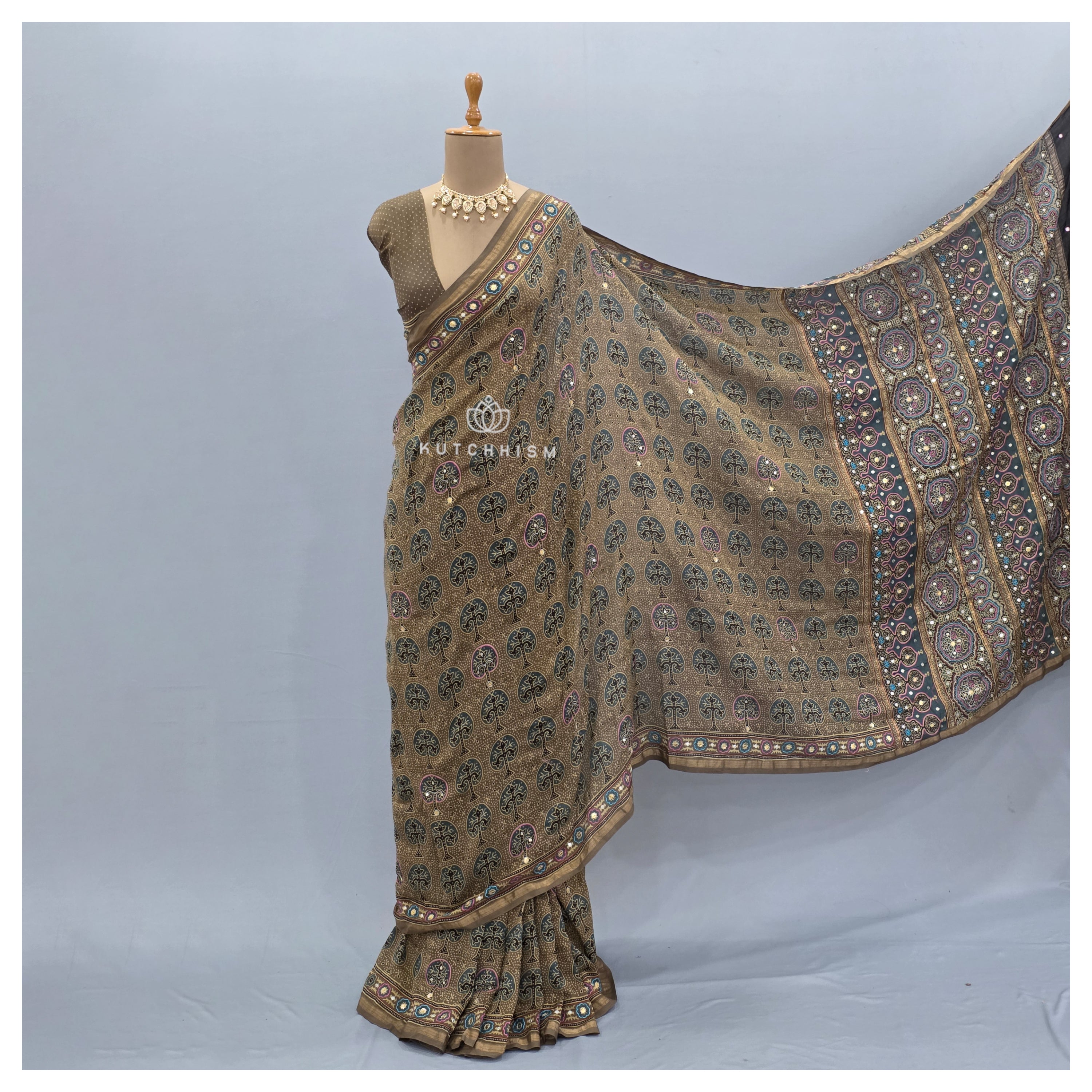 Ajrakh Embroidery Saree