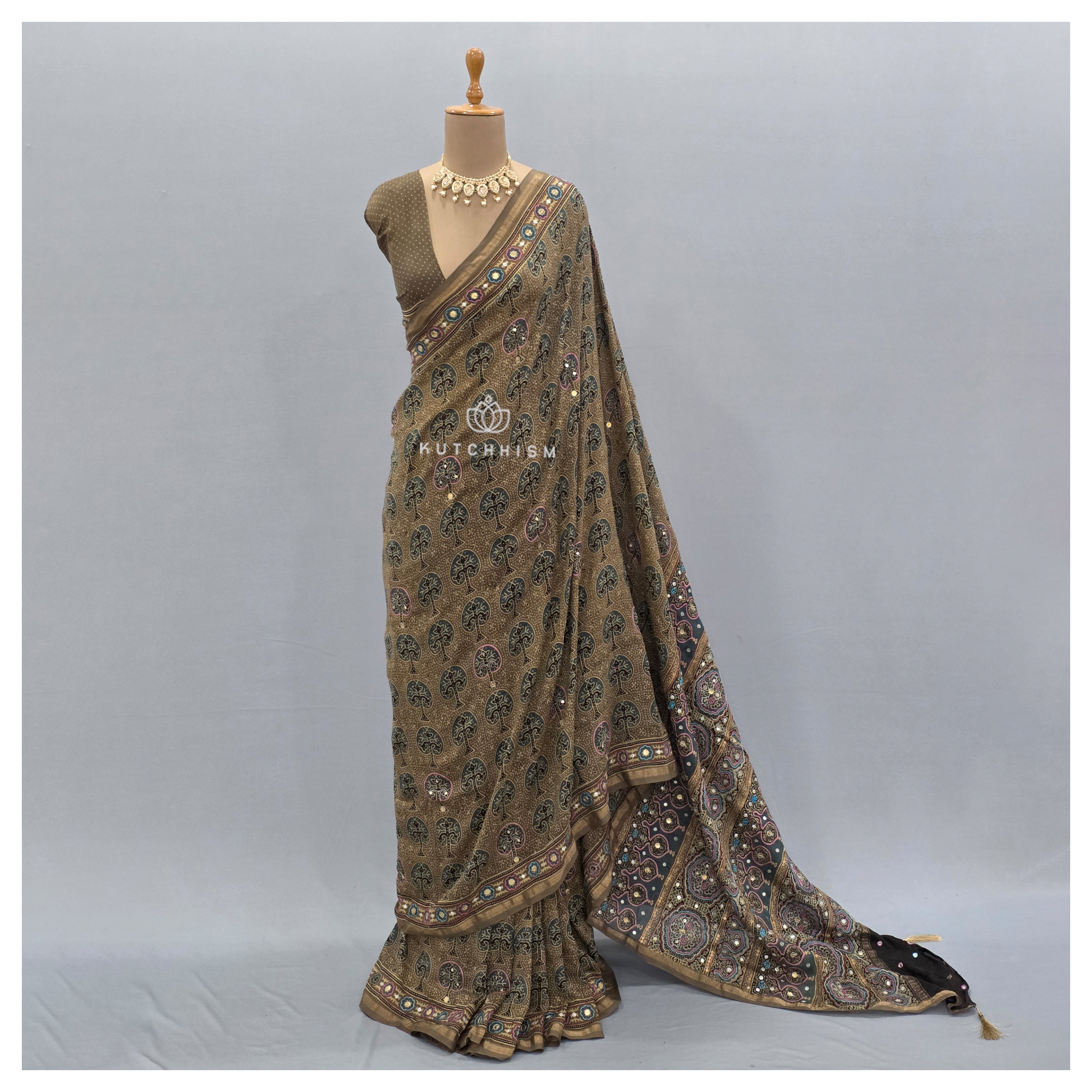 Ajrakh Embroidery Saree