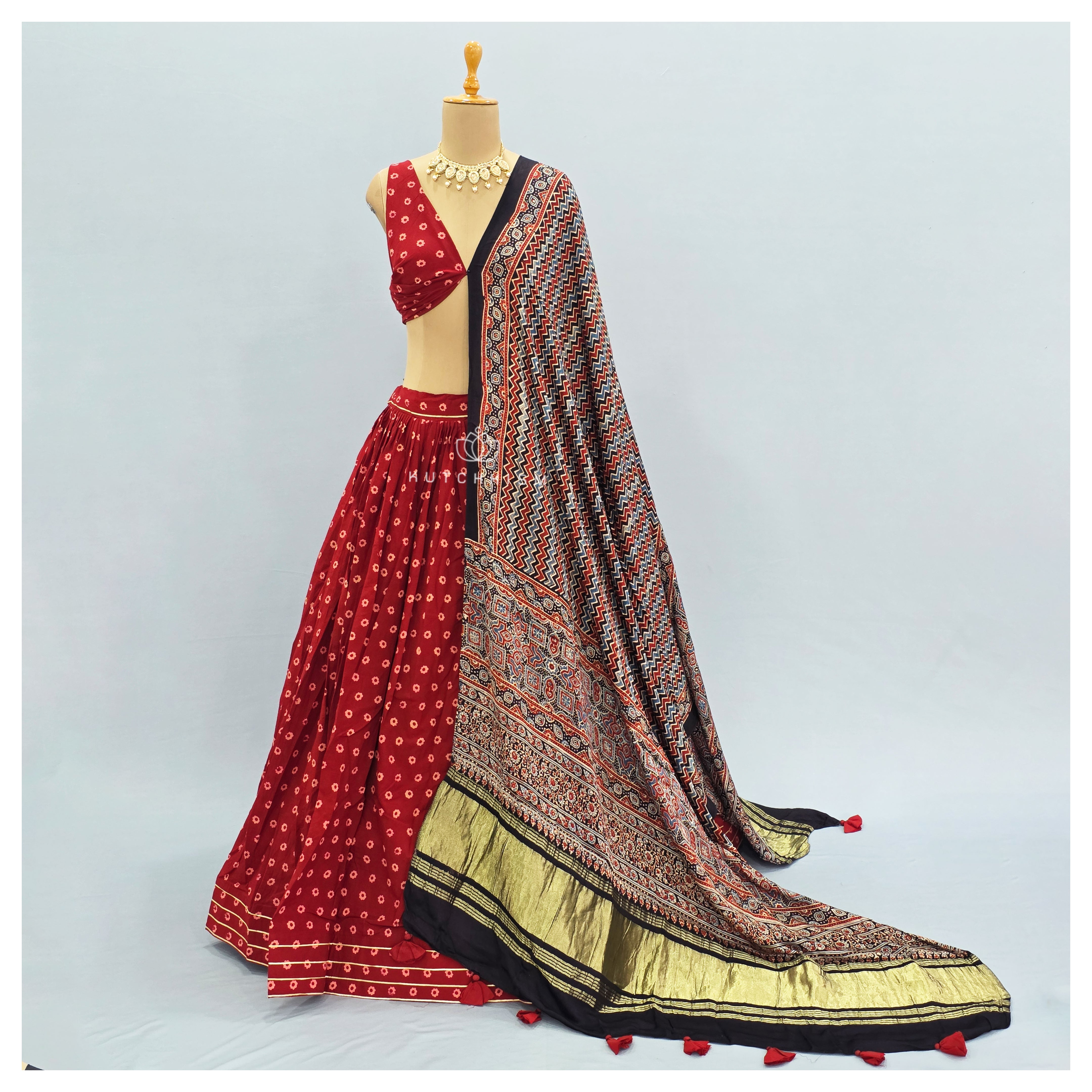 Red ajrakh lehenga