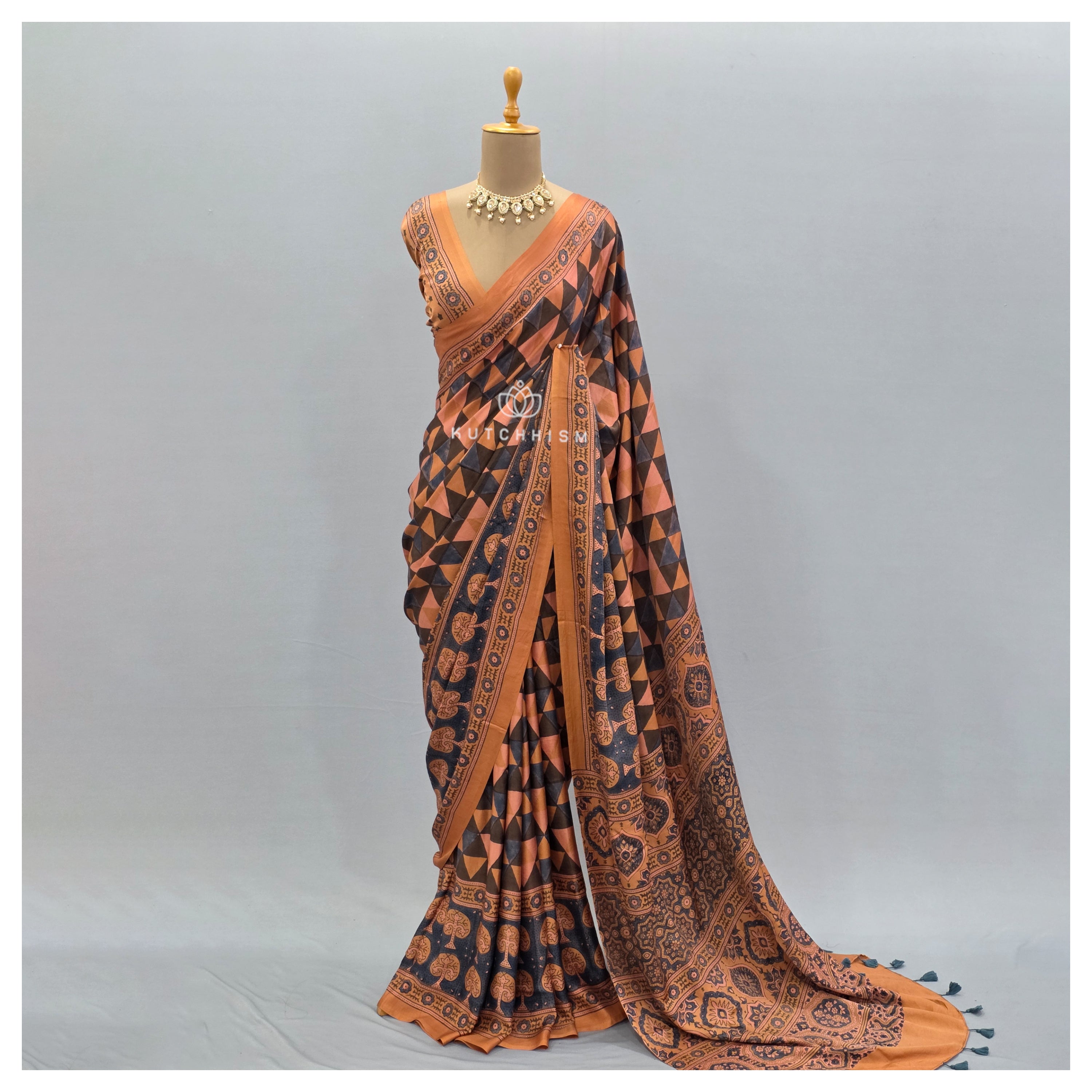 Peach Ajrakh saree
