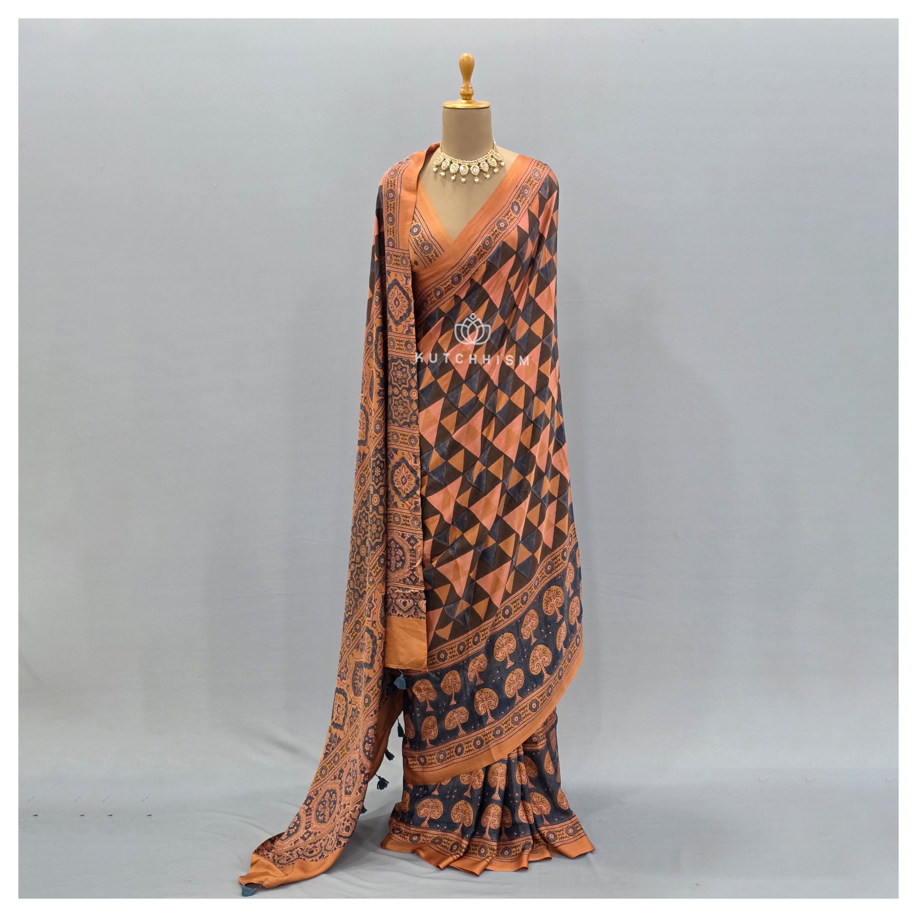 Peach Ajrakh saree