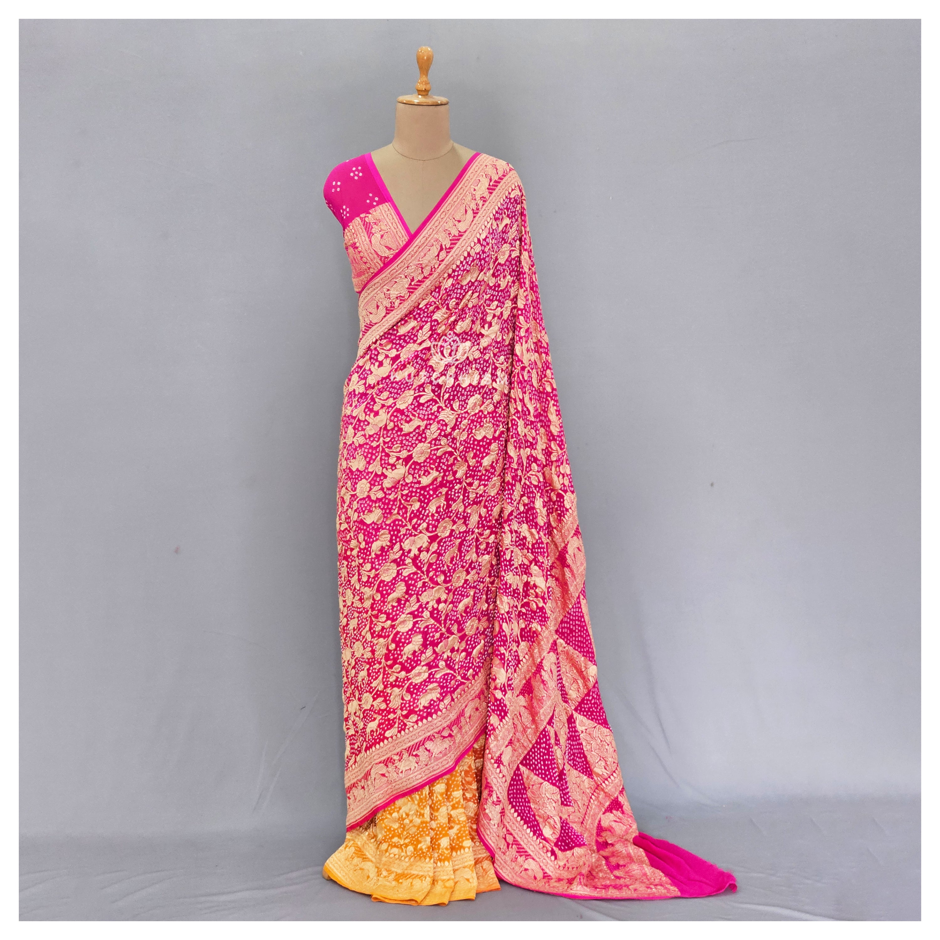 Yellow Pink bandhani saree