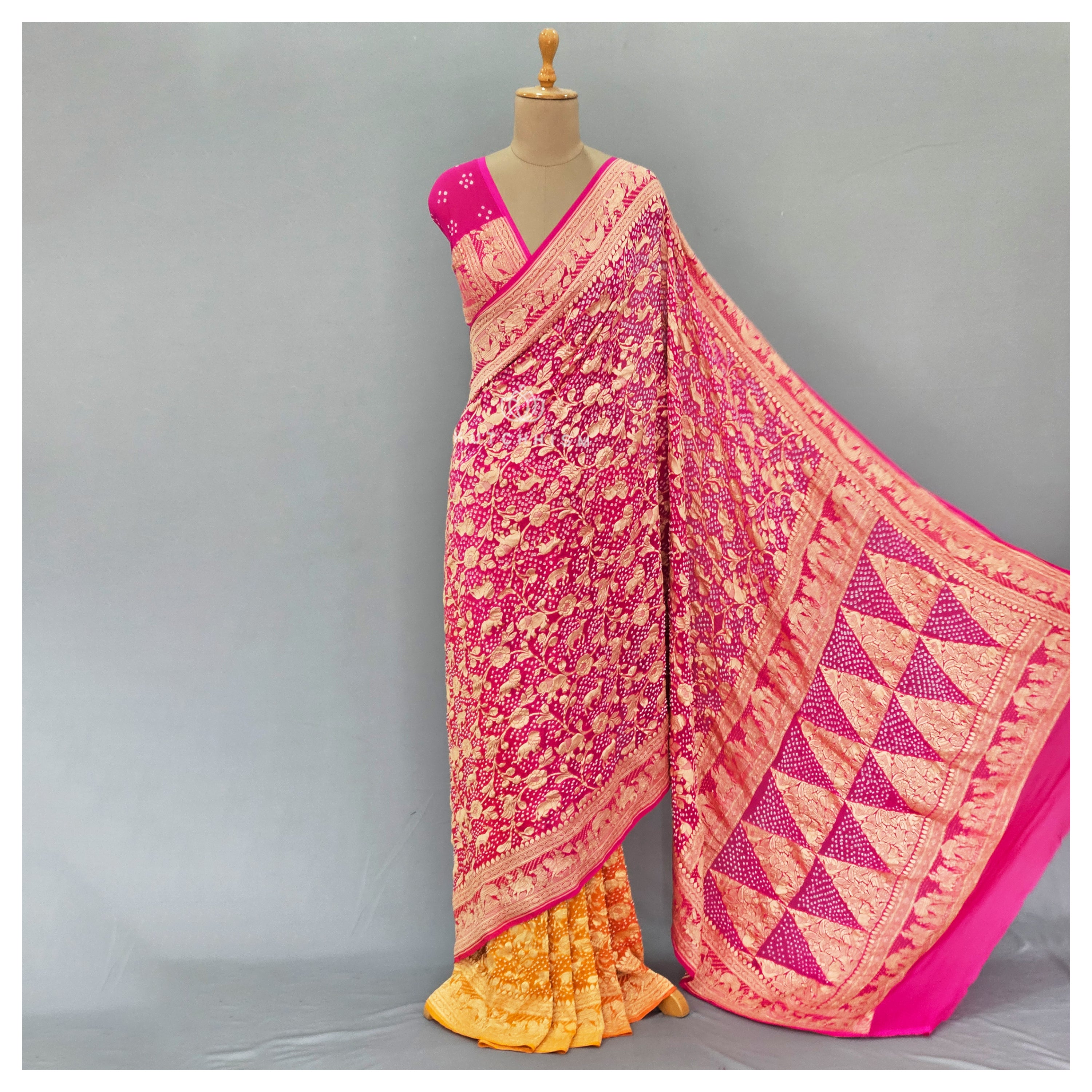 Yellow Pink bandhani saree