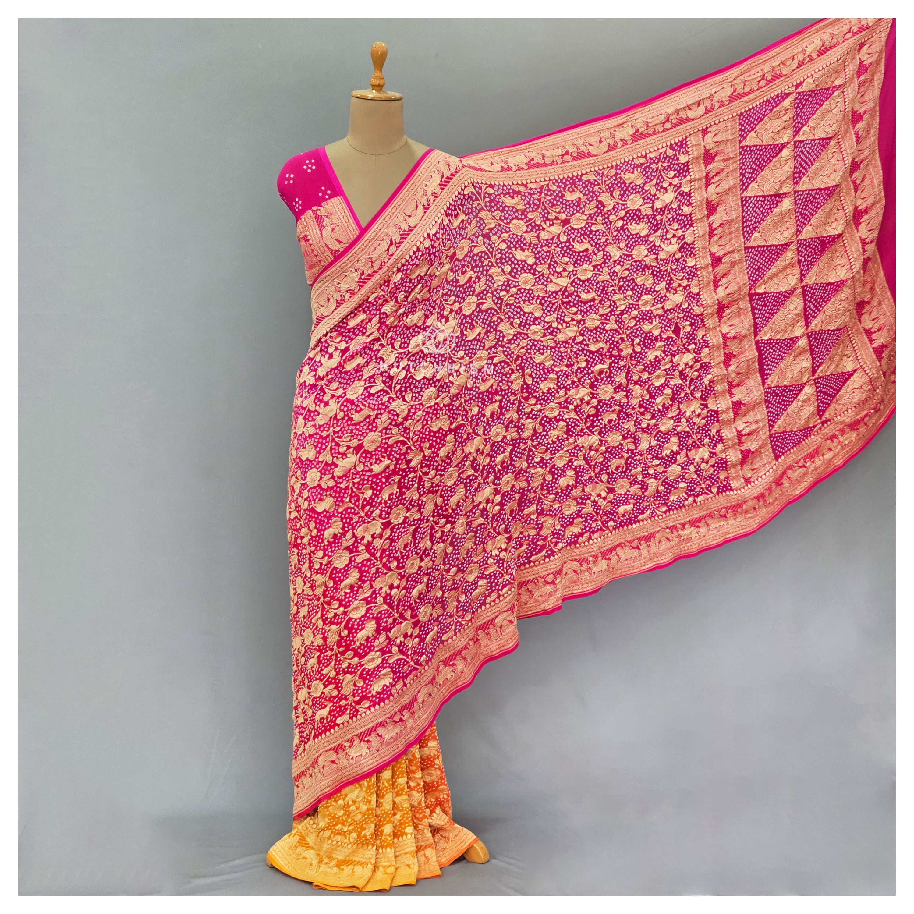 Yellow Pink bandhani saree