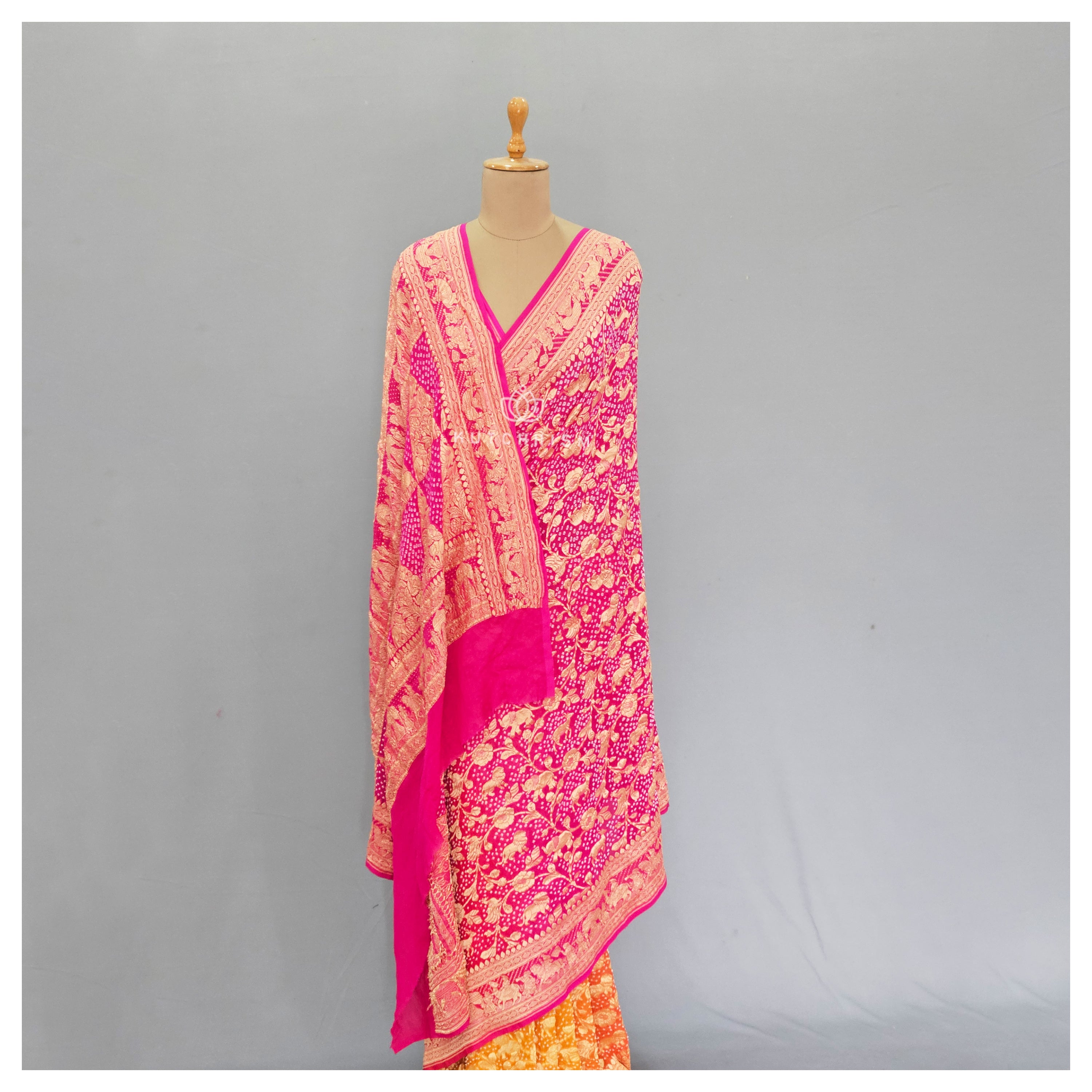 Yellow Pink bandhani saree