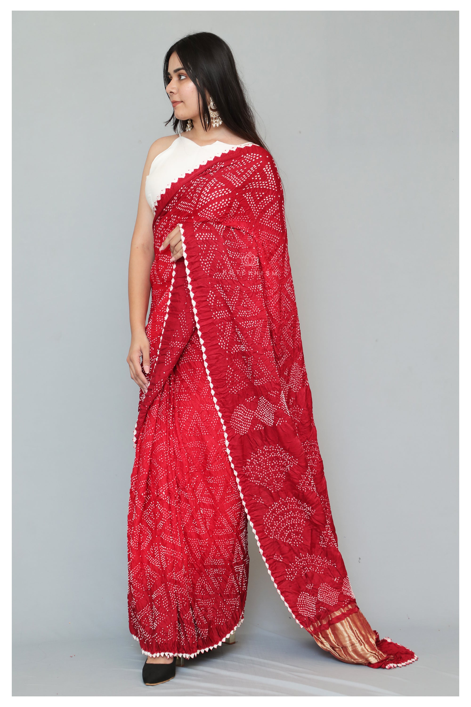 Red & Dark Orange Shaded  Bandhani saree