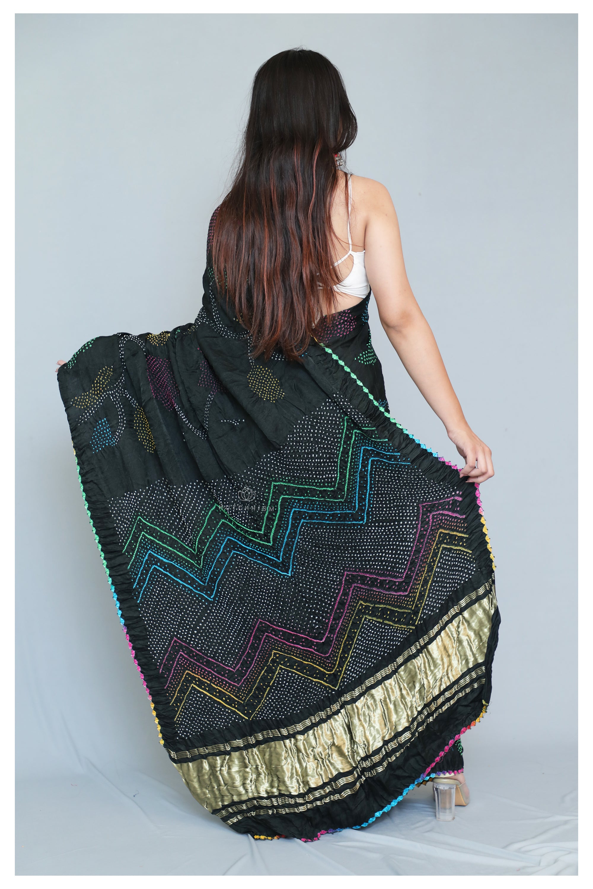 Black Multicolor Bandhani saree