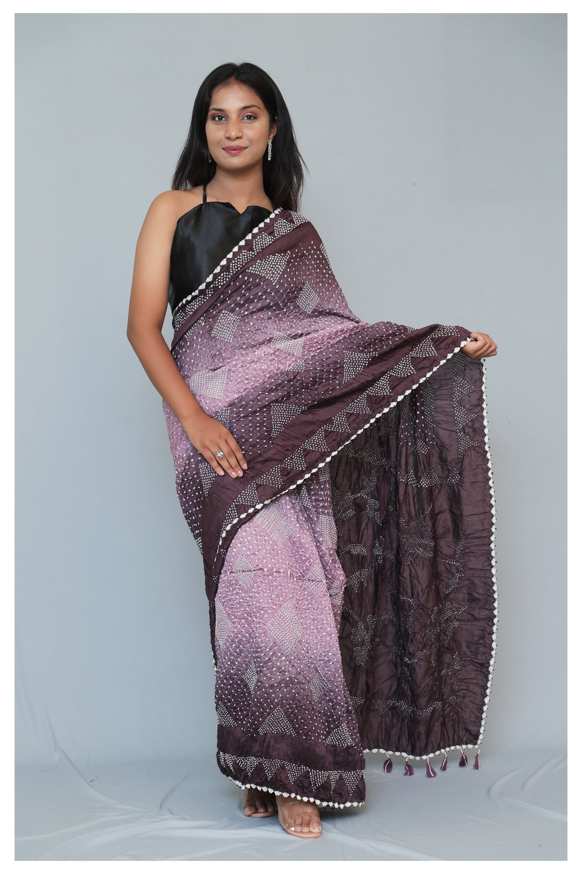 Dark Mauve to Mauve Shaded Bandhani saree