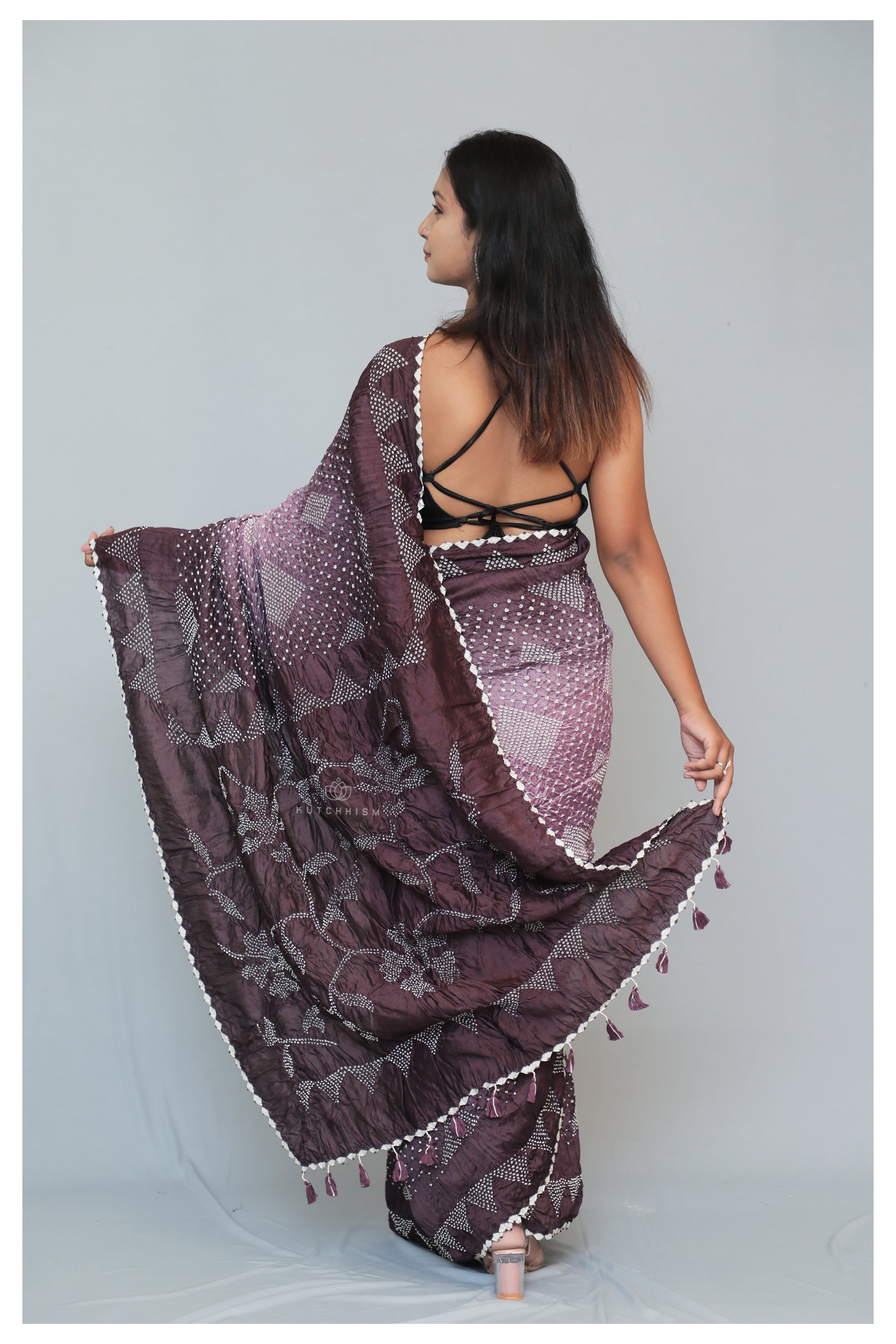 Dark Mauve to Mauve Shaded Bandhani saree