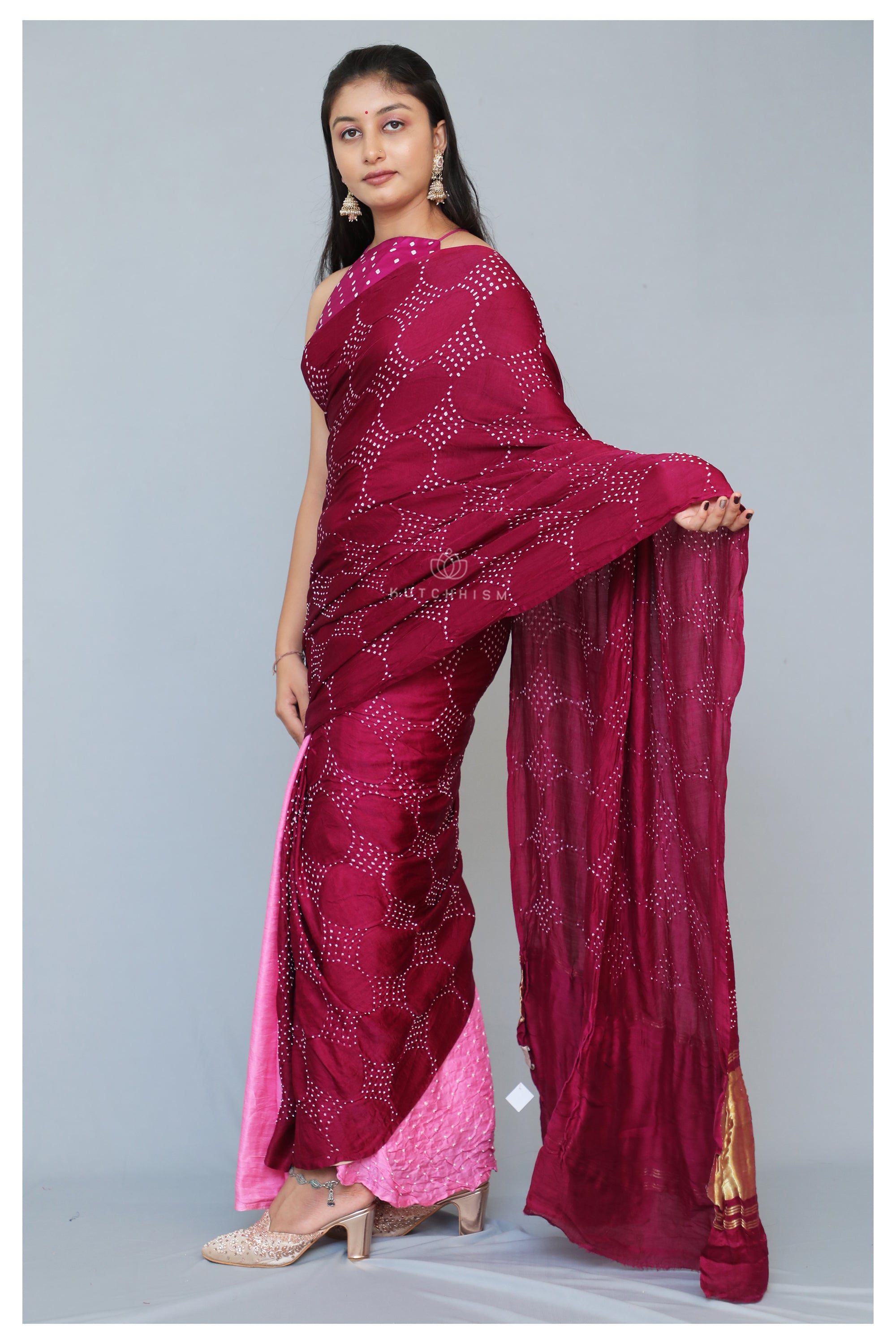 Wine - Pink Shaded H'n'H Bandhani saree