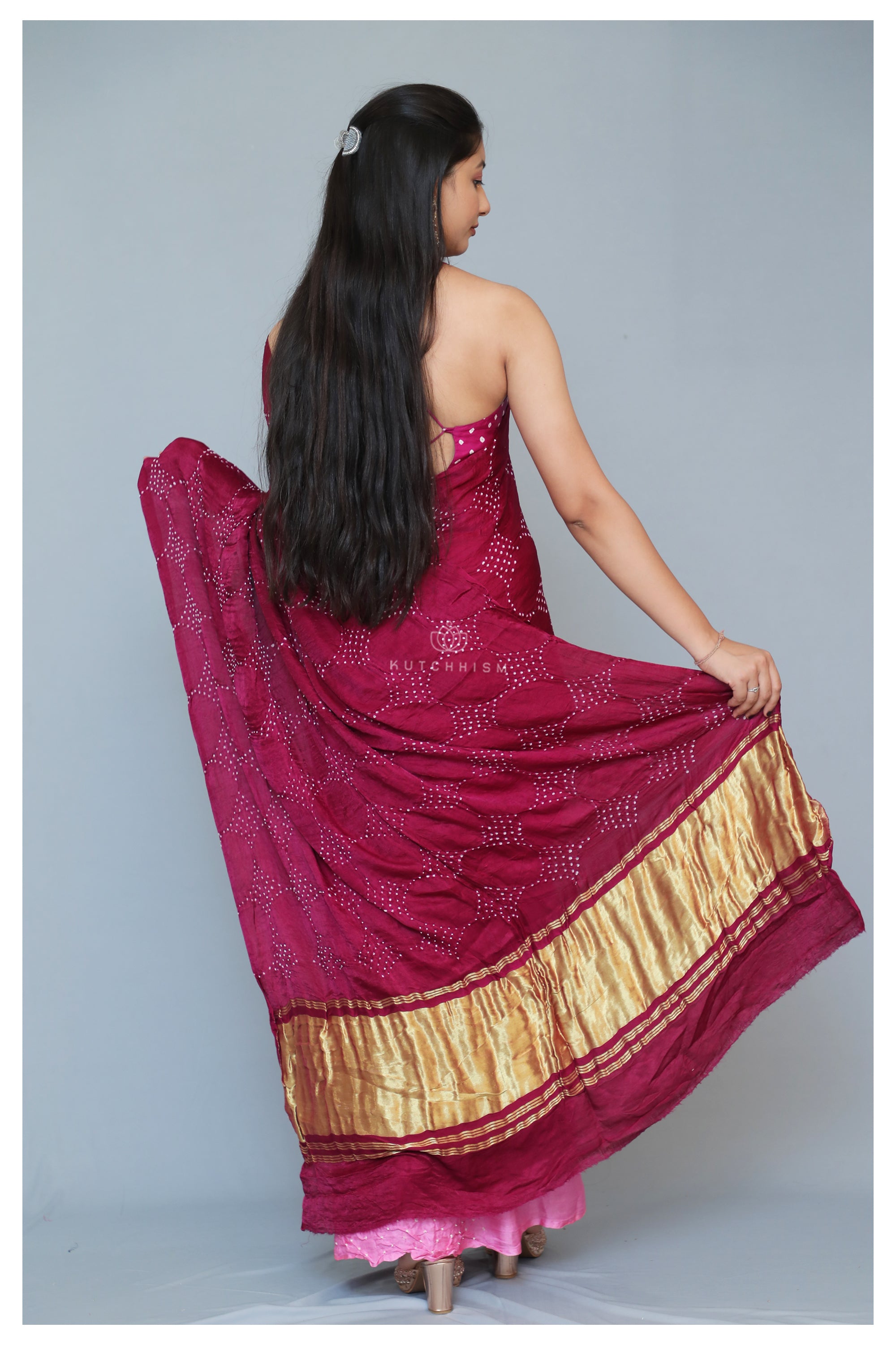 Wine - Pink Shaded H'n'H Bandhani saree