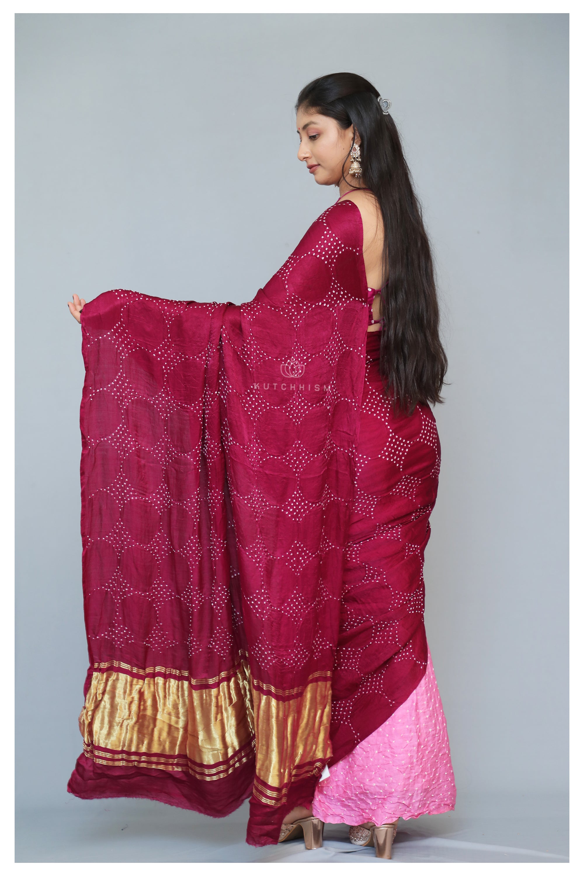 Wine - Pink Shaded H'n'H Bandhani saree