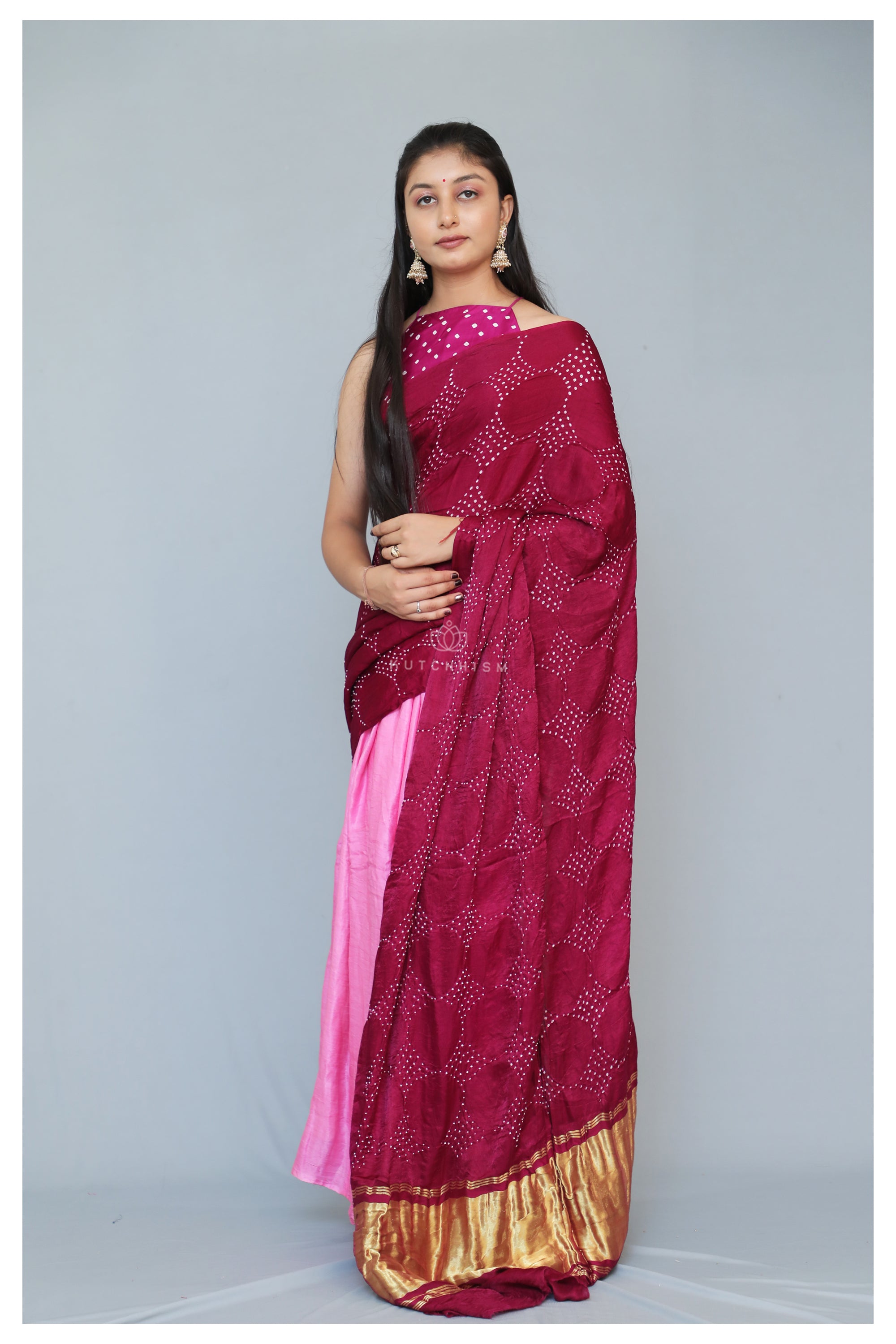 Wine - Pink Shaded H'n'H Bandhani saree