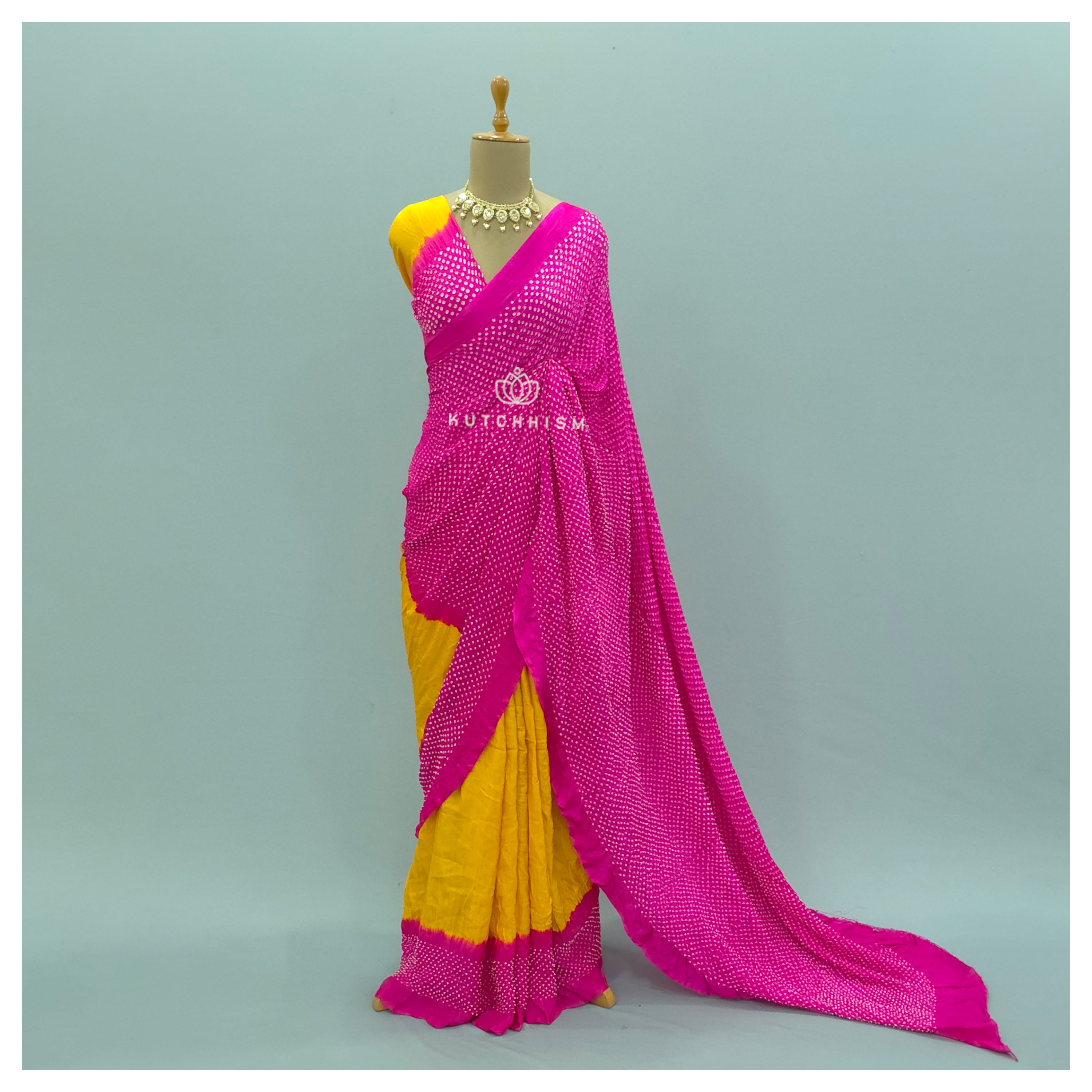 Pink n Yellow  bandhani saree