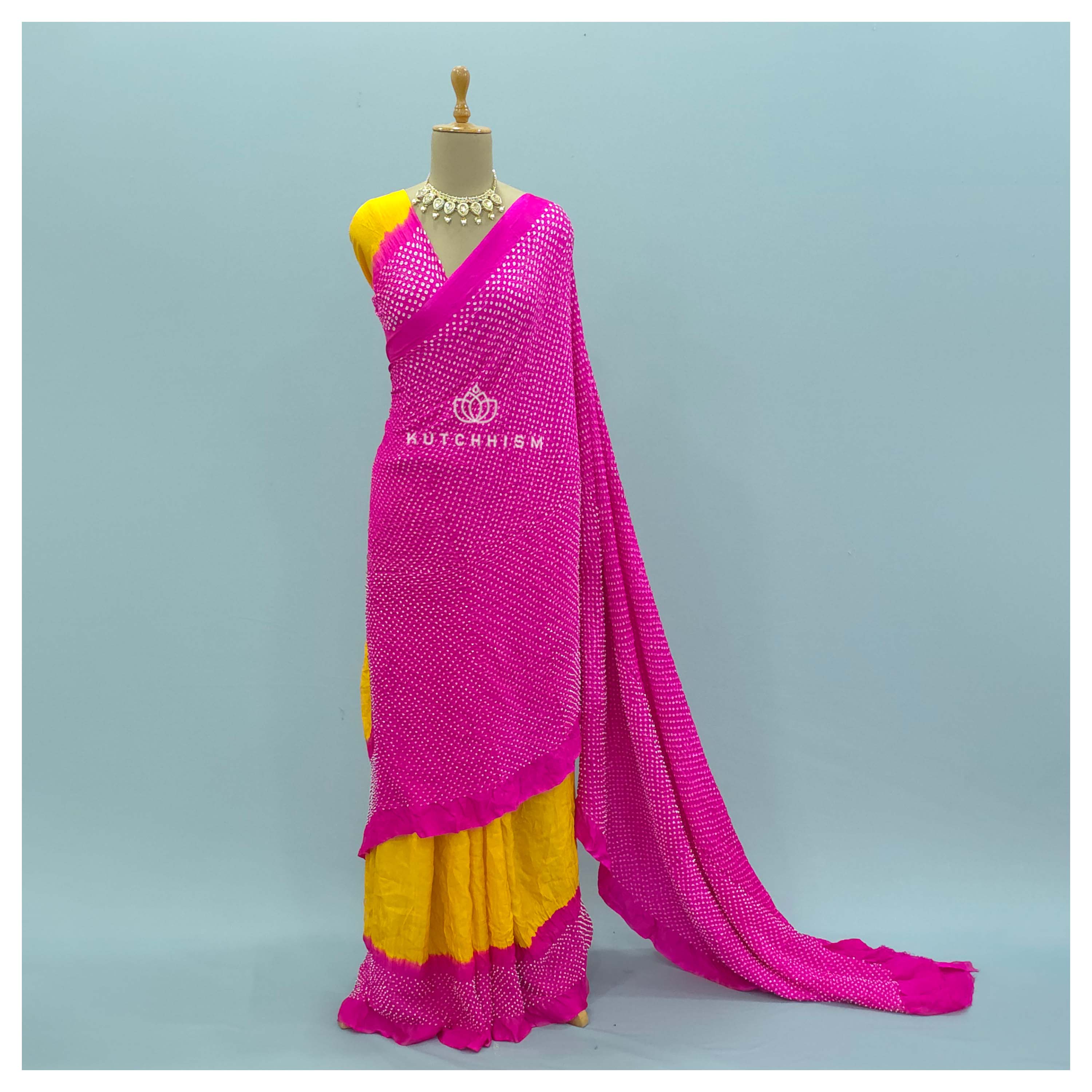 Pink n Yellow  bandhani saree