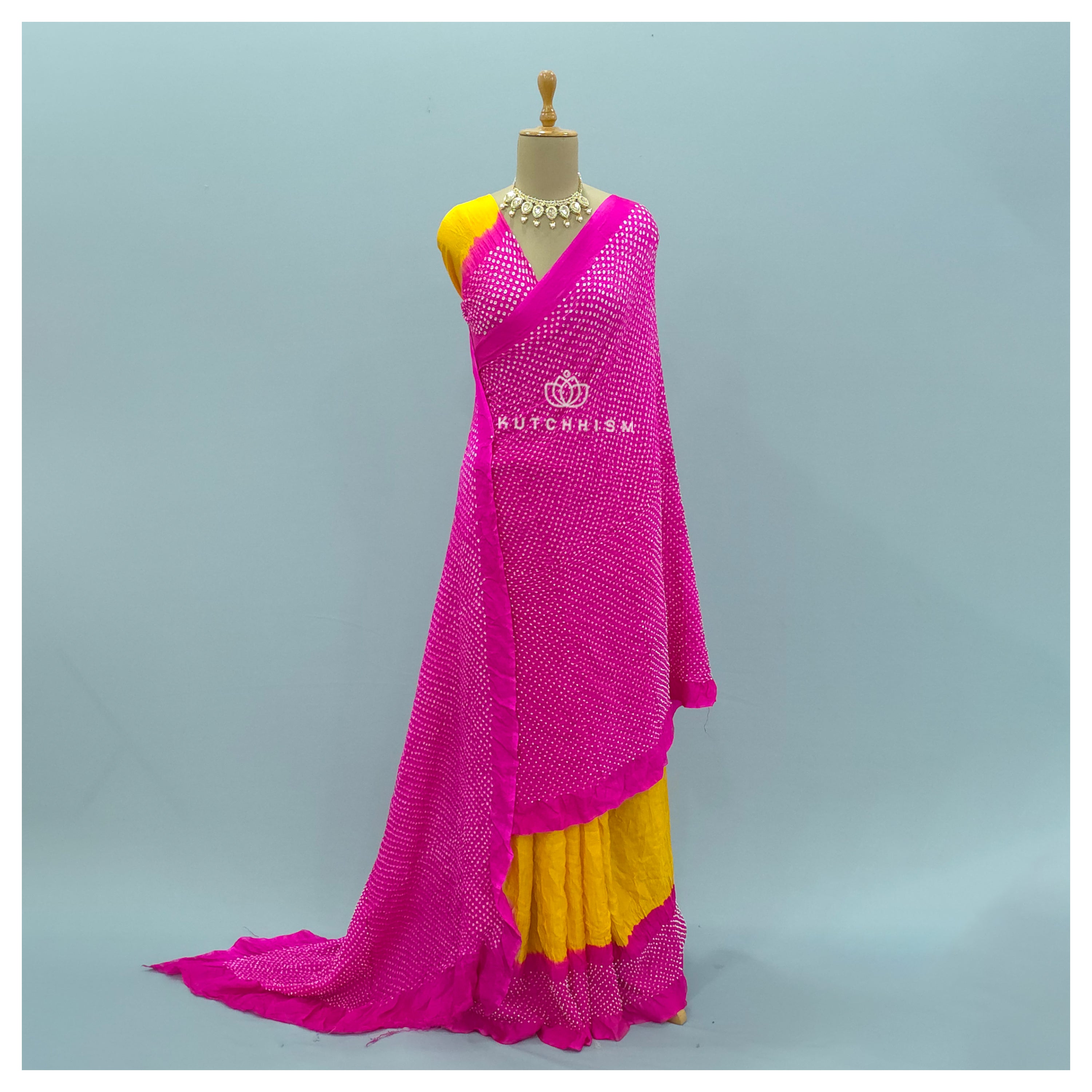 Pink n Yellow  bandhani saree