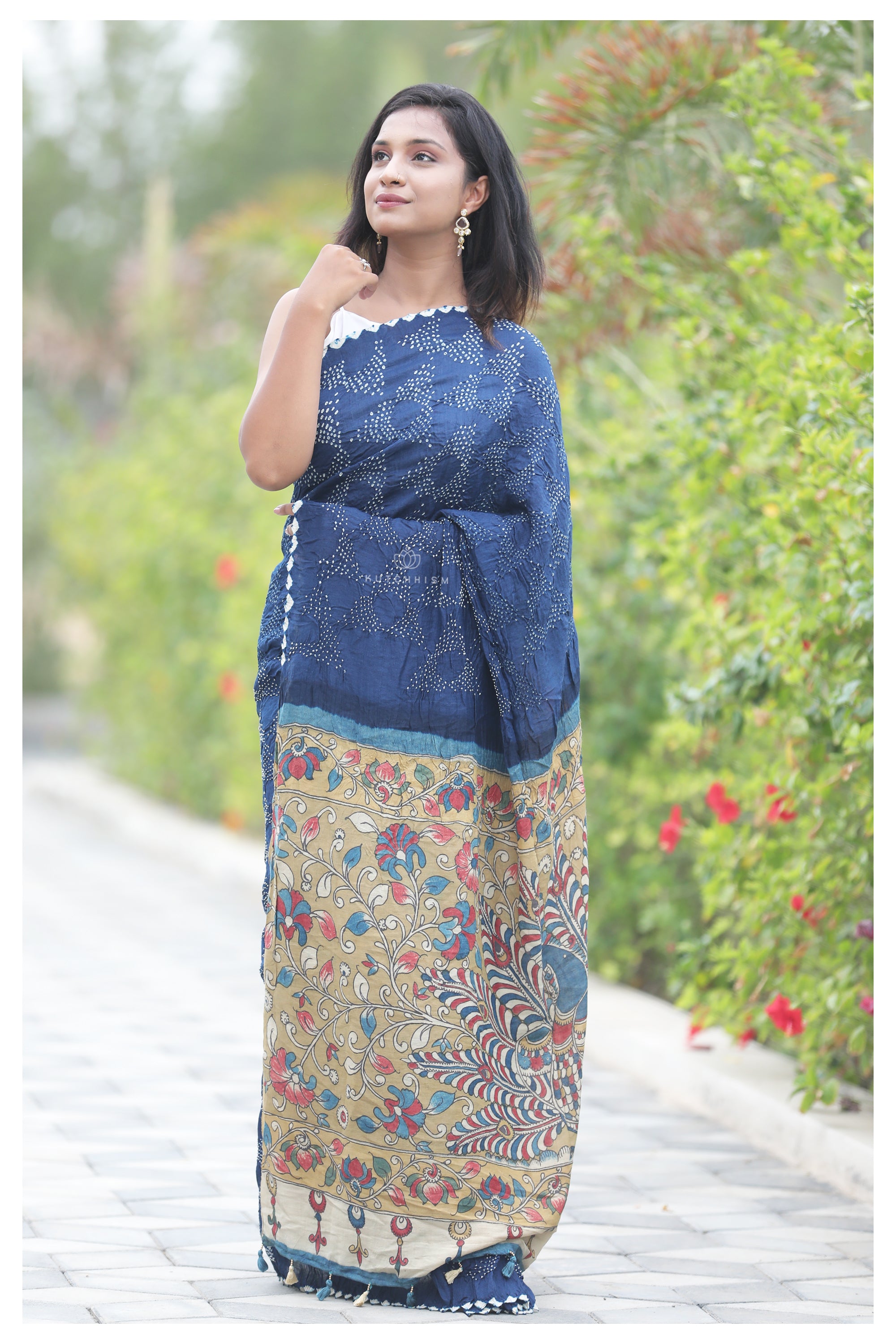 Blue Kalamkari Bandhani Saree