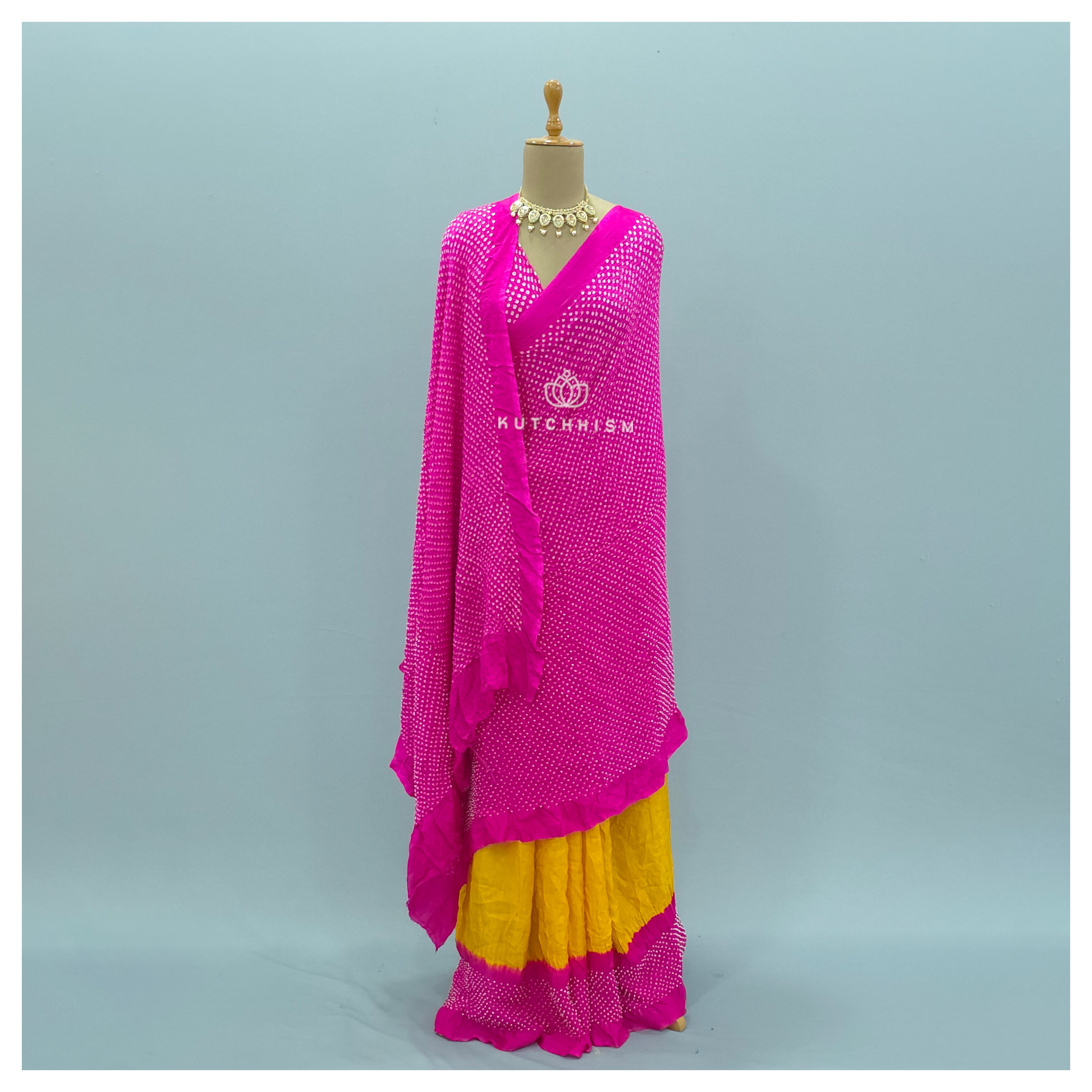 Pink n Yellow  bandhani saree