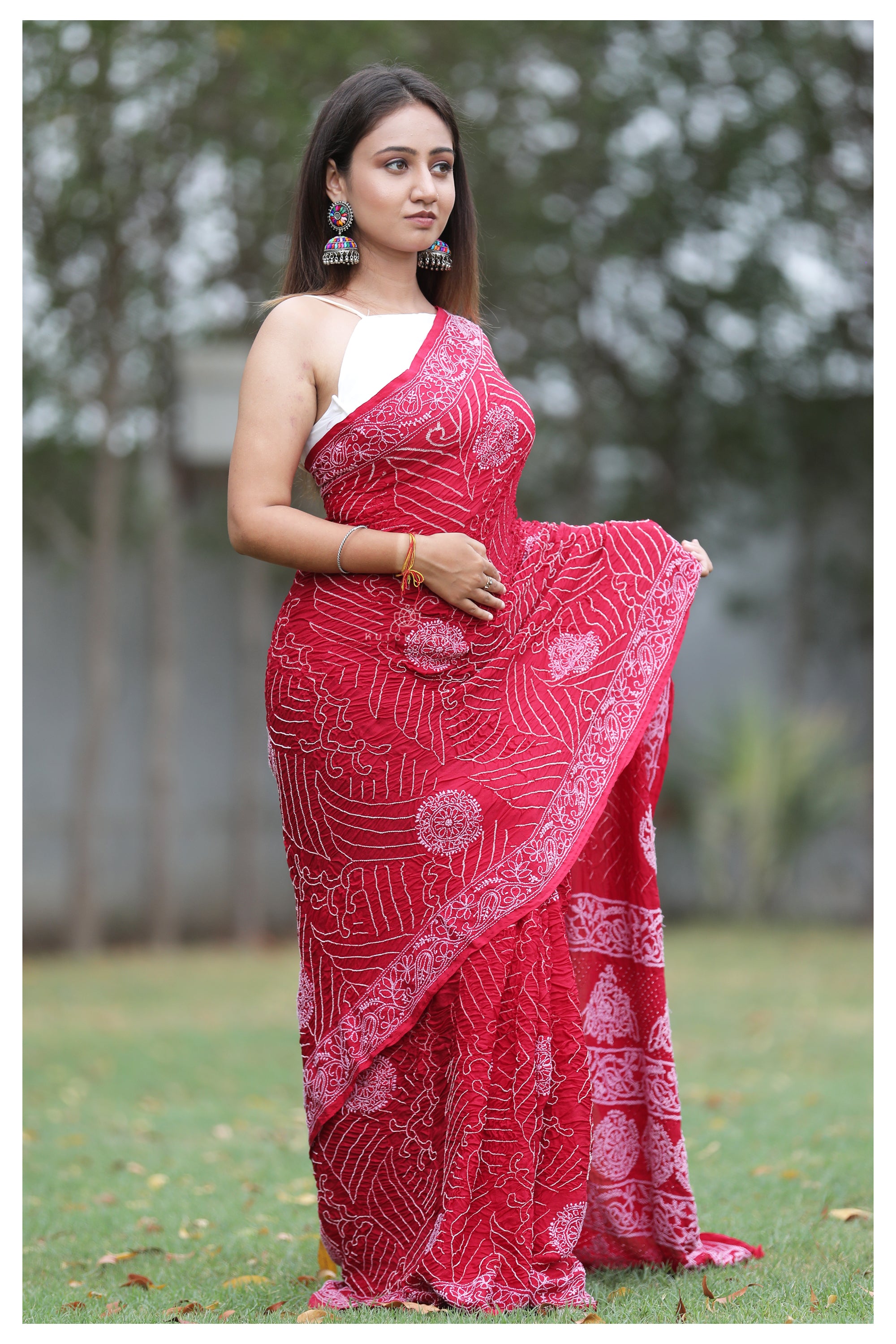 Red Lucknowi Bandhani Saree