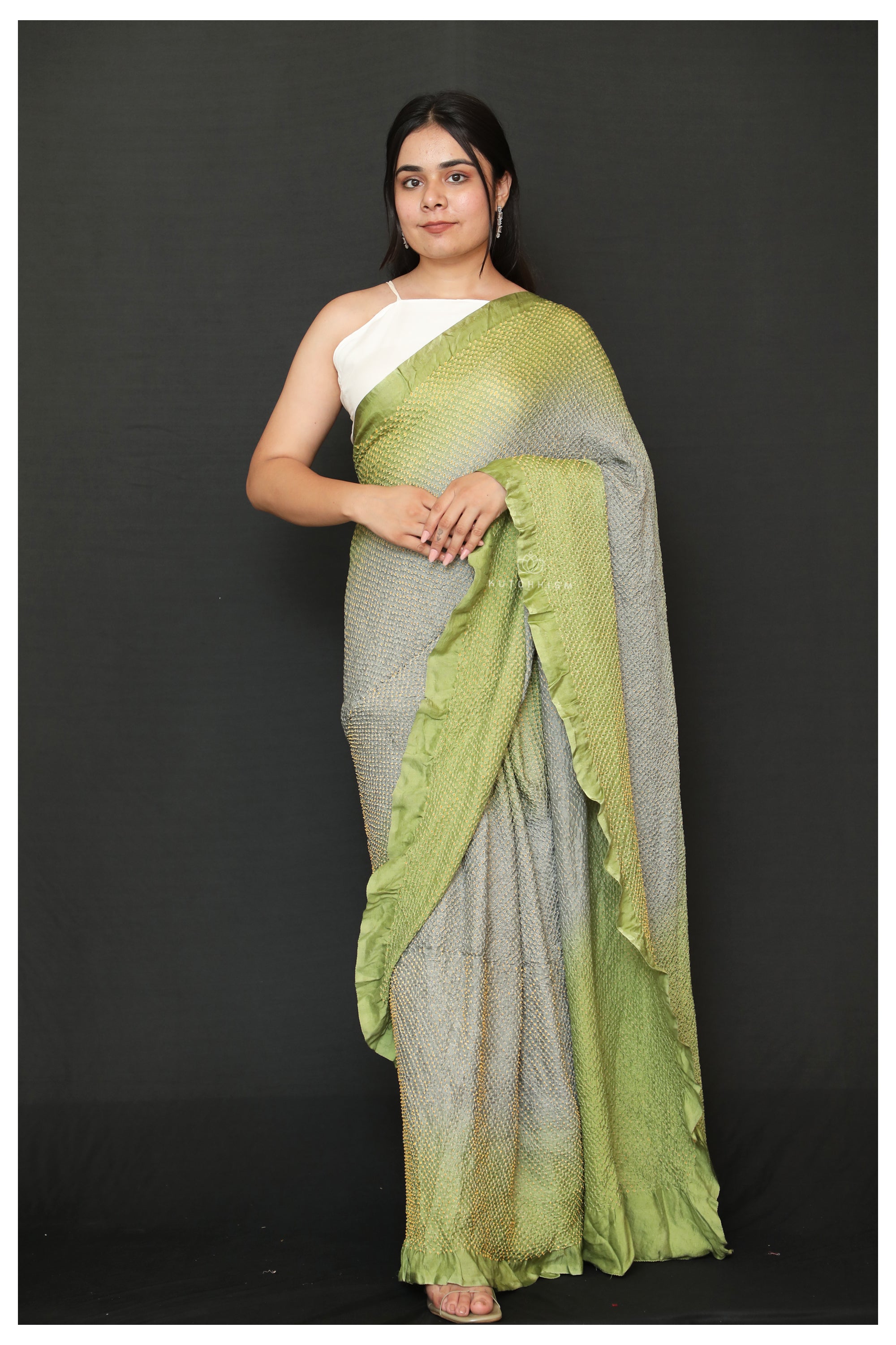 Green & Grey Rai Bandhani Saree