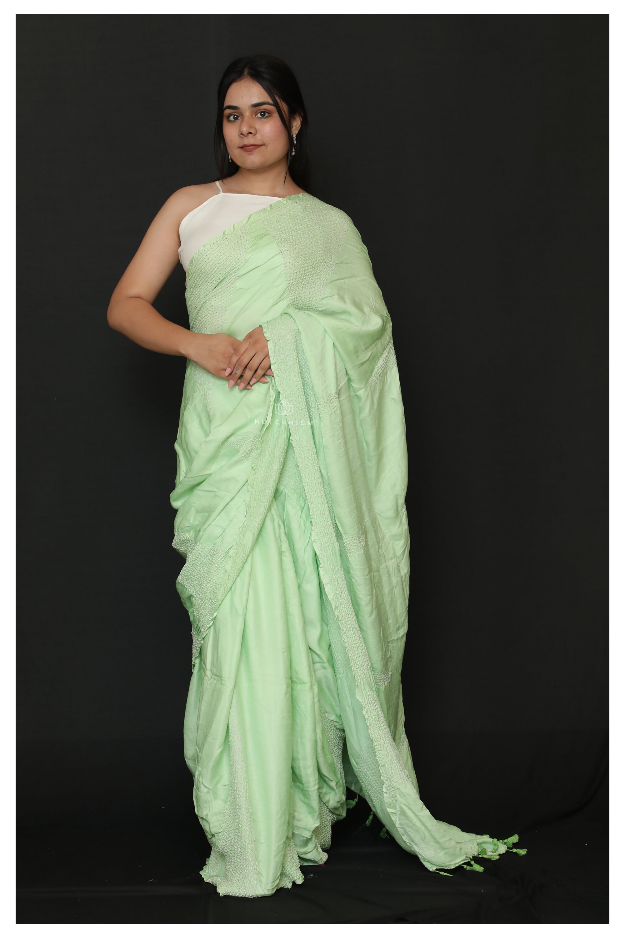 Pastel Green Rai Bandhani Saree