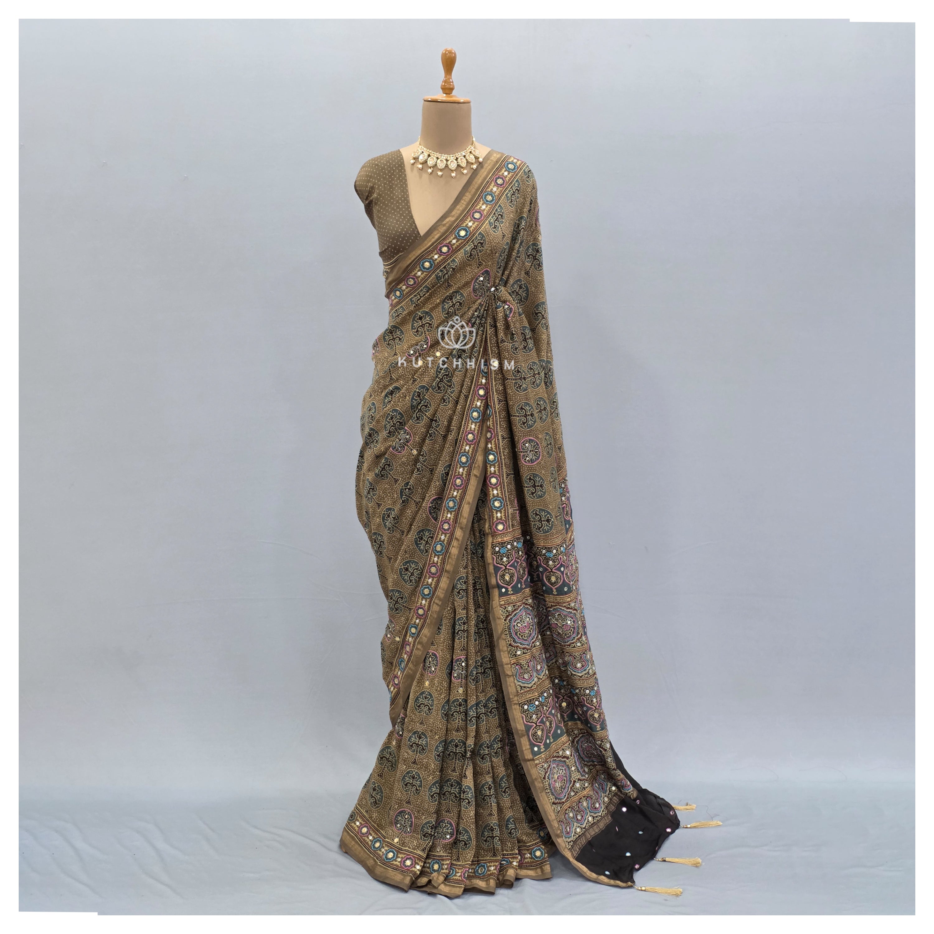 Ajrakh  Embroidery Saree