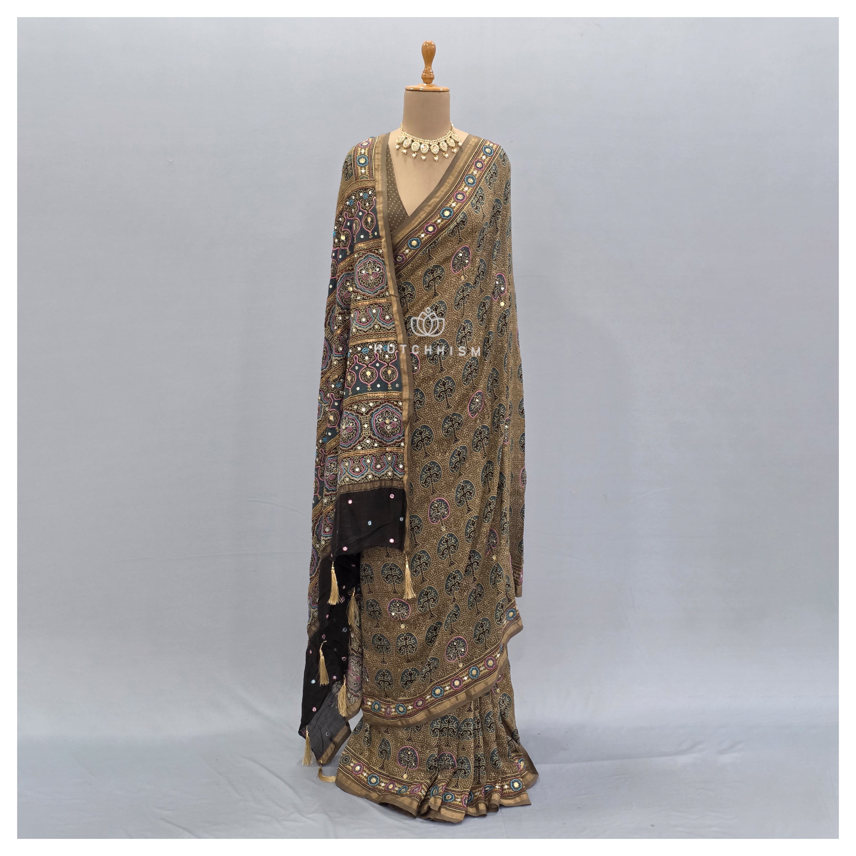 Ajrakh  Embroidery Saree