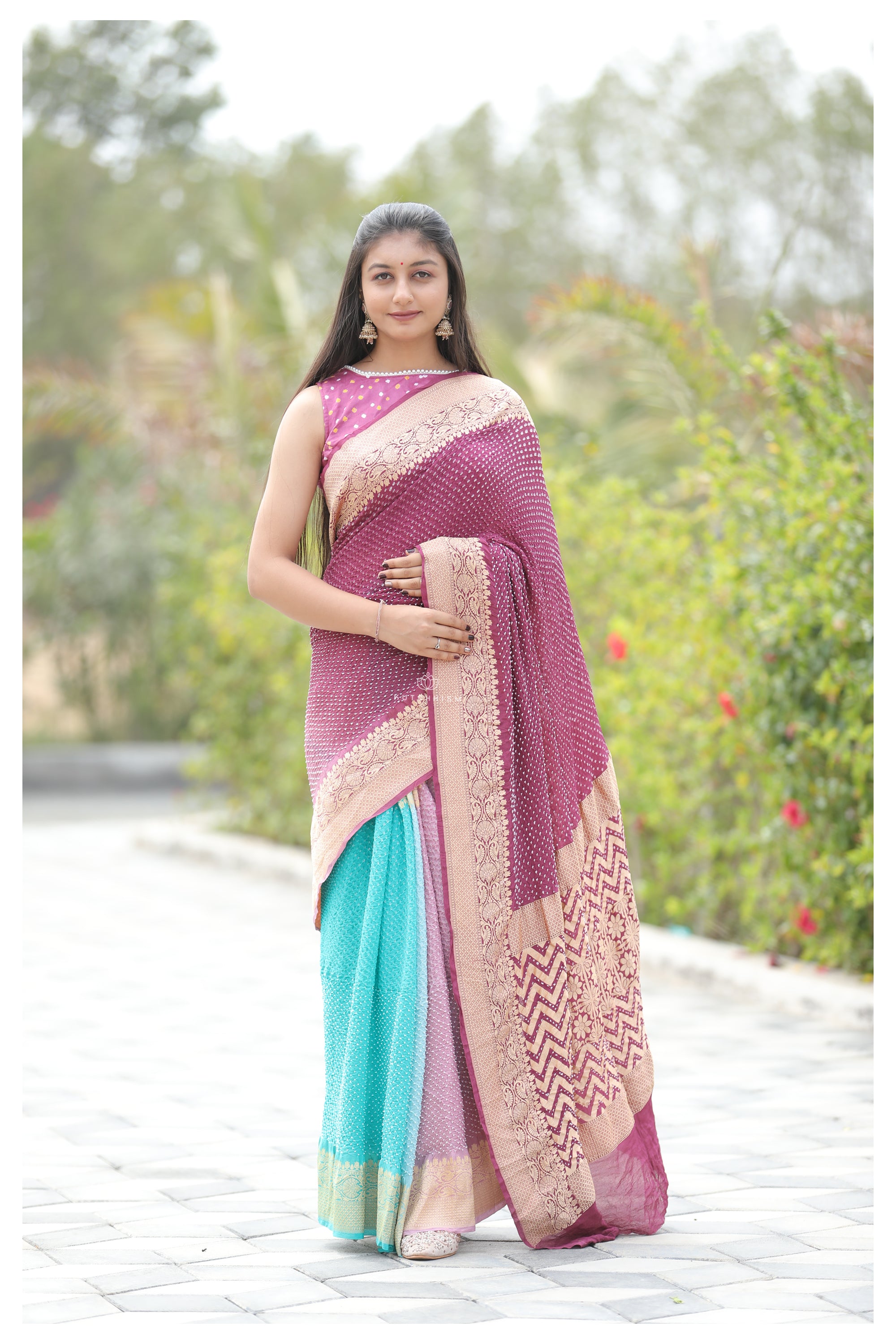 Wine to sea blue shaded Banarasi Bandhani Saree