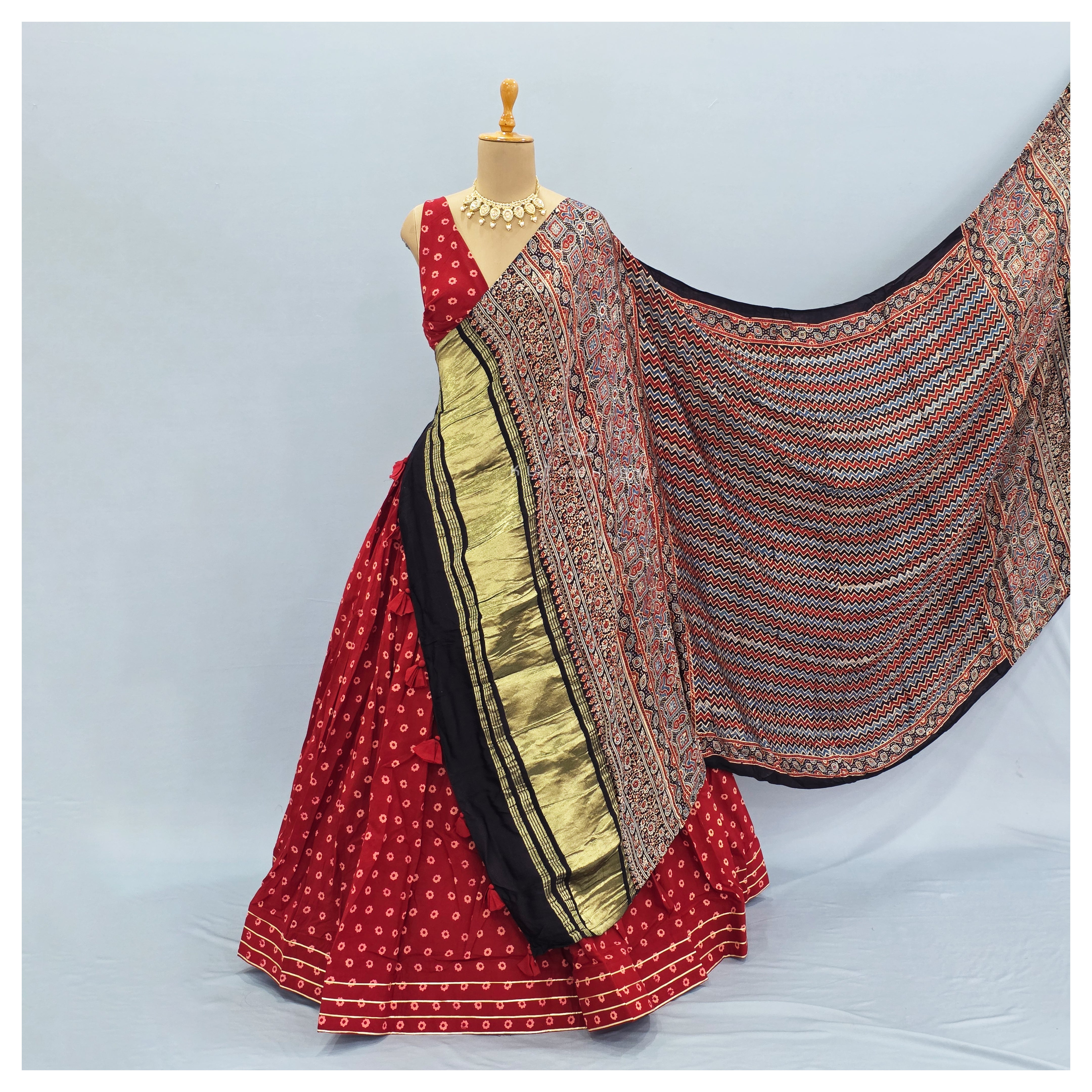 Red ajrakh lehenga
